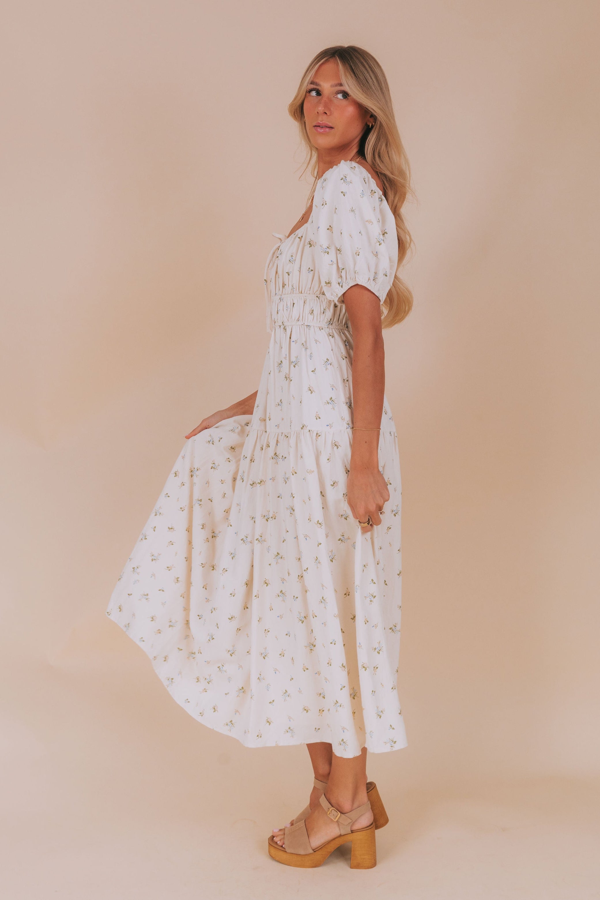 love sleeve midi dress Women's Belted Floral Midi Dress