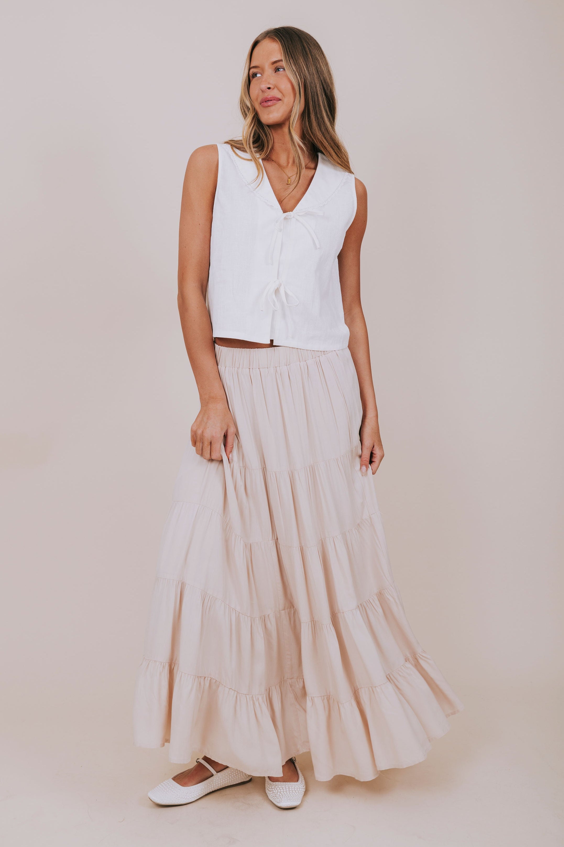 beige tiered maxi skirt full