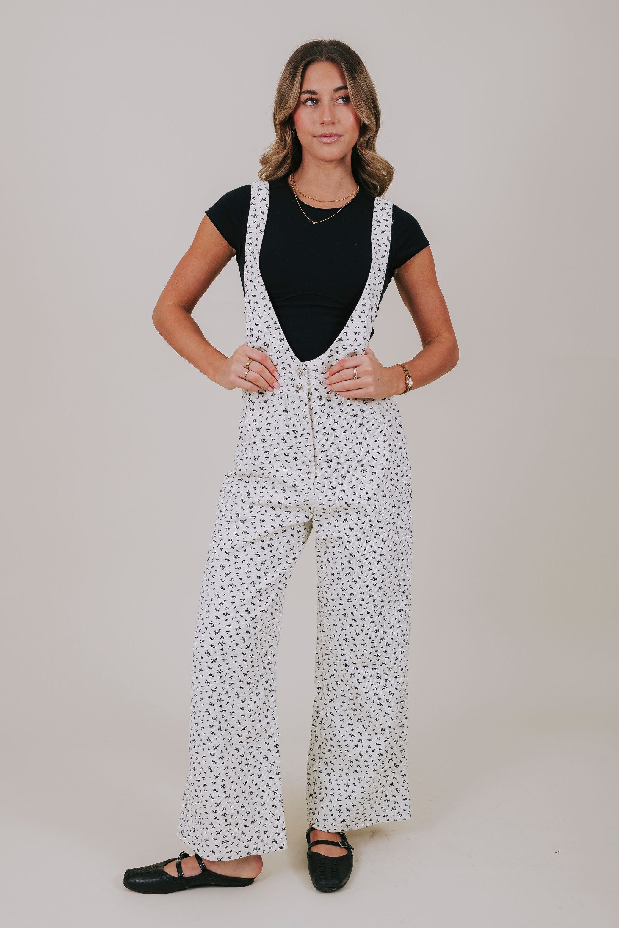 black and white floral overalls front