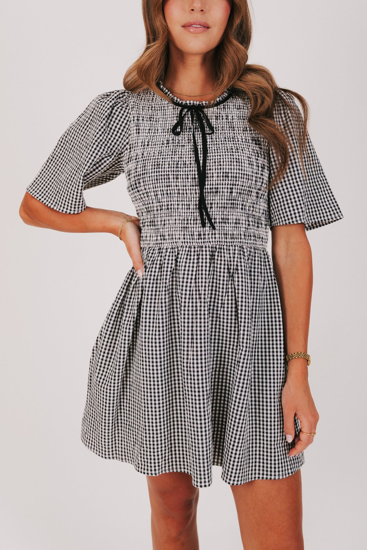 black and white gingham dress with bow detail