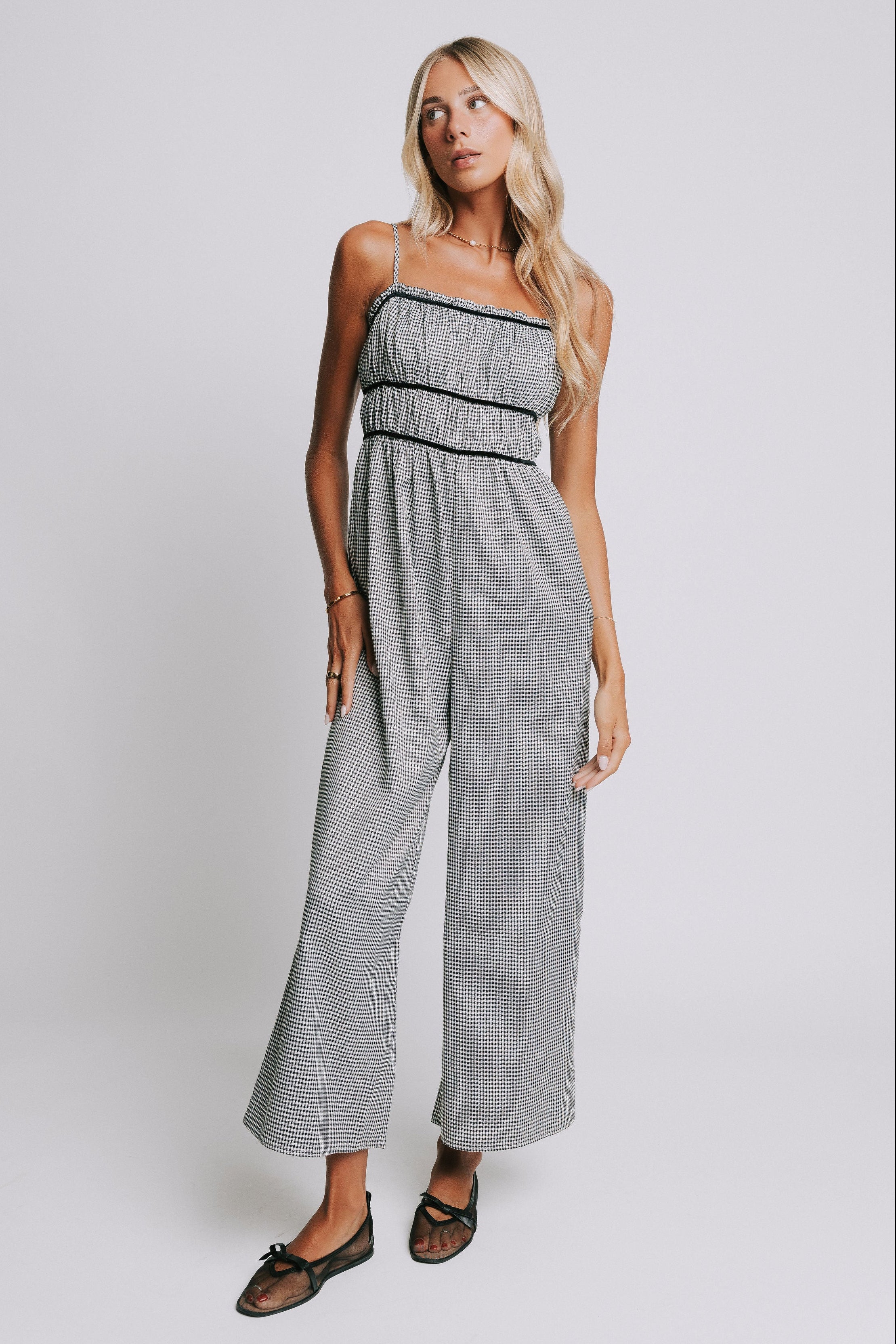 black and white gingham spaghetti strap jumpsuit 
