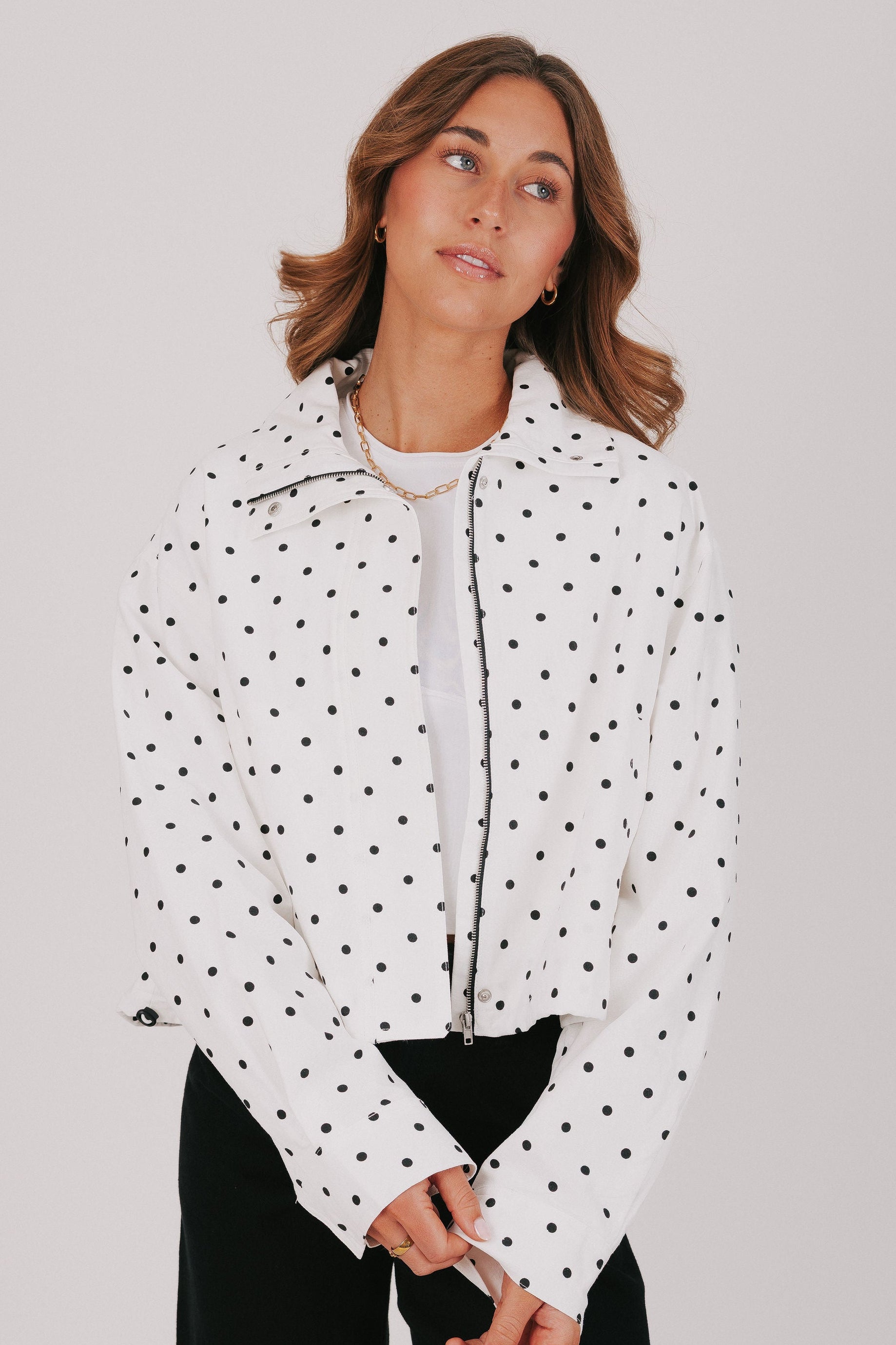 black and white polka dot zip up jacket