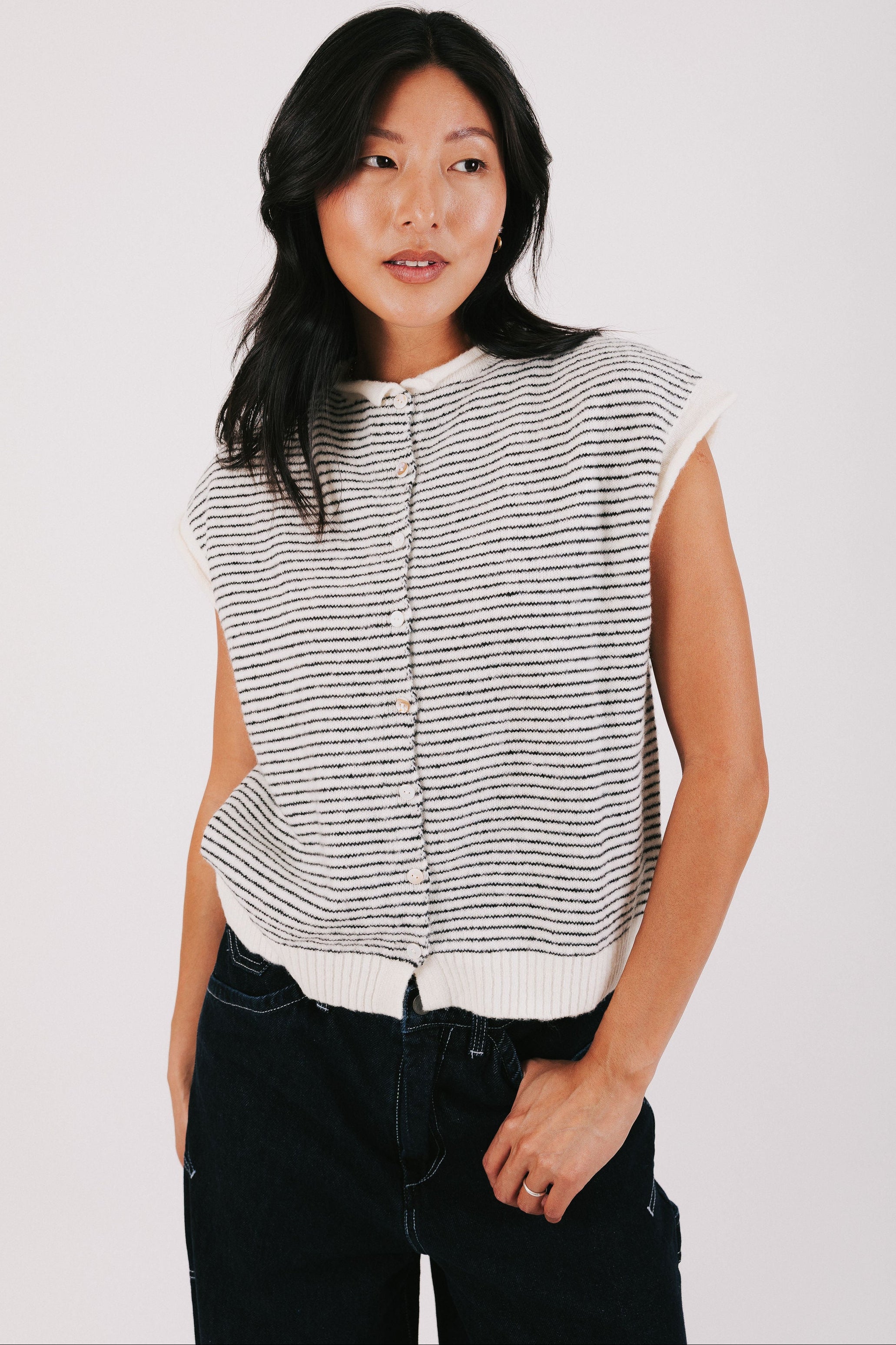 black and white striped vest with buttons