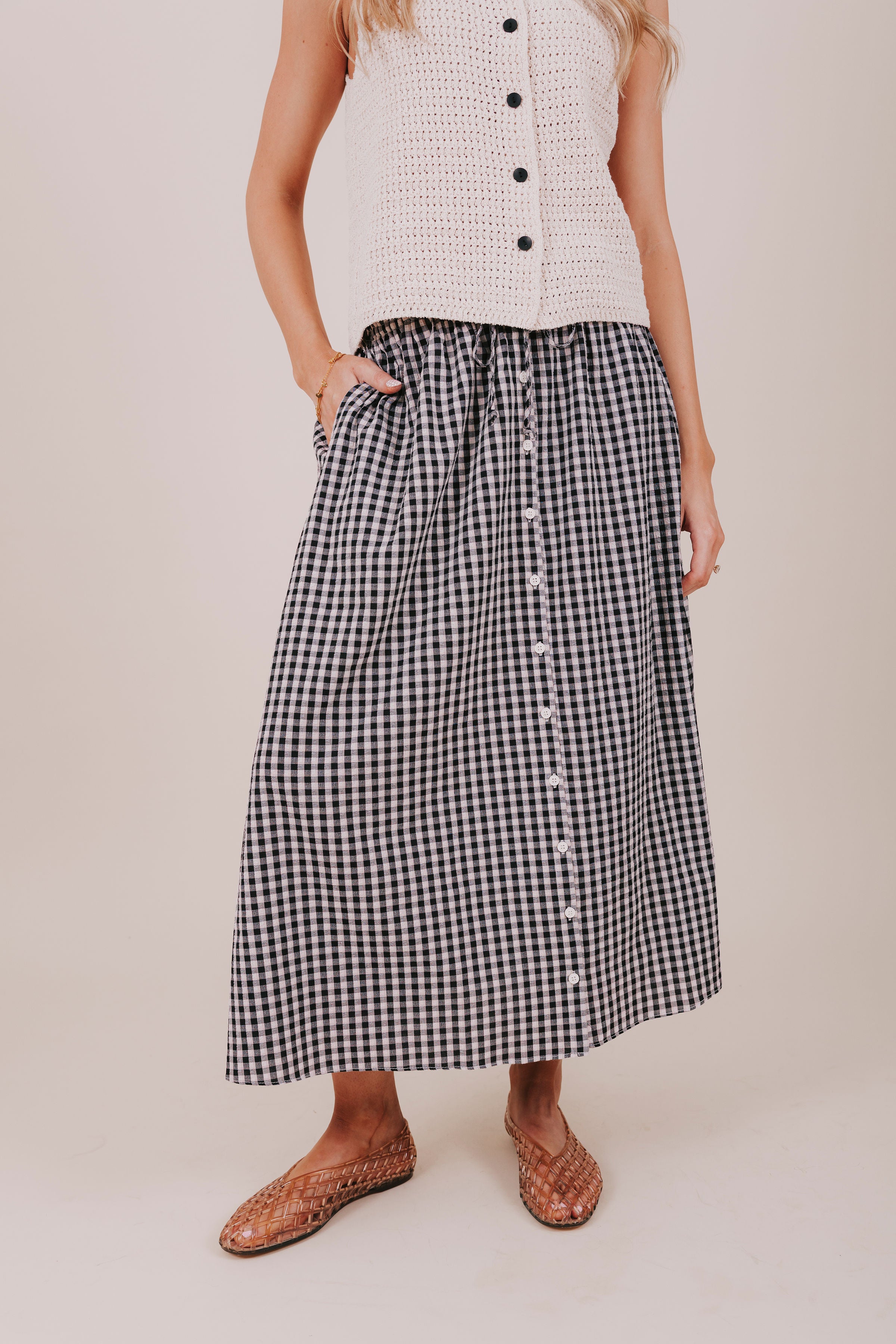 black button down gingham skirt front