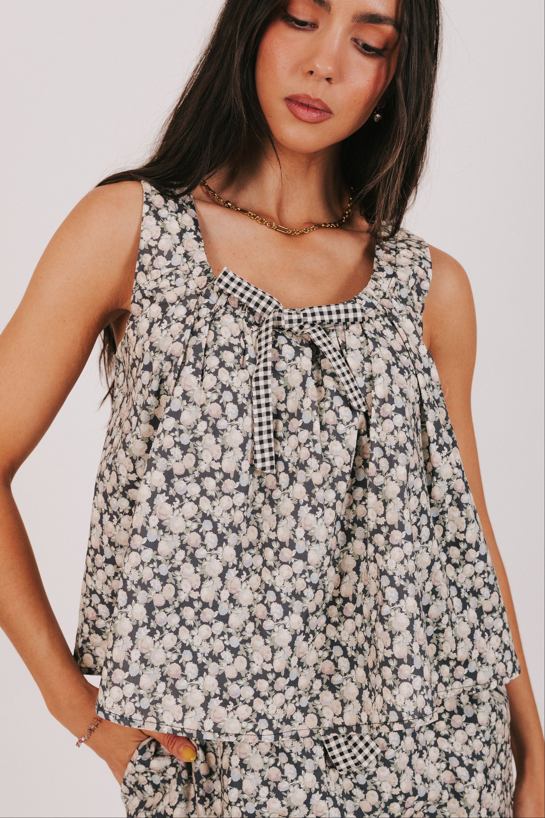 black floral print tank with bow detail 