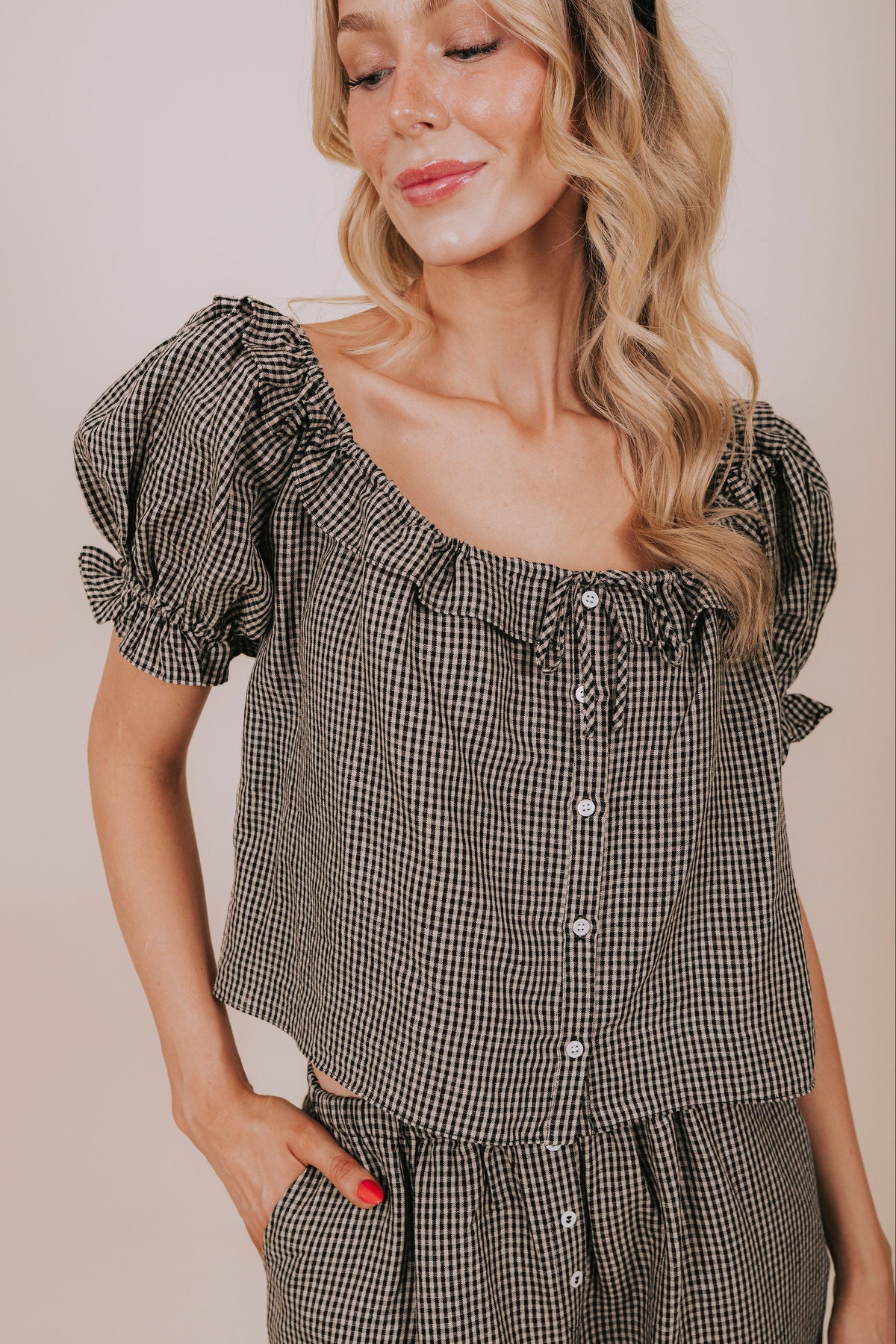 black gingham ruffled blouse front