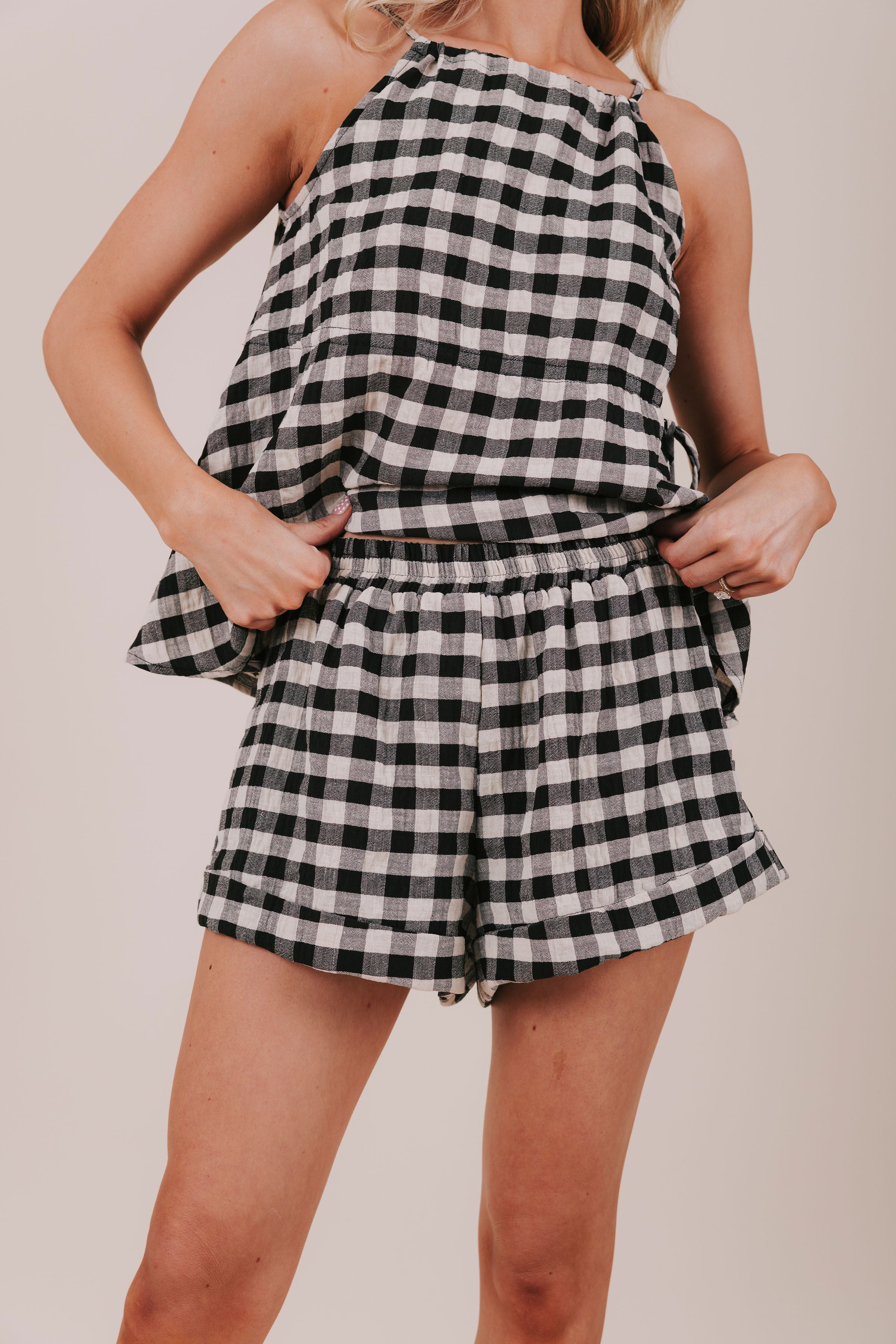 black gingham shorts detail