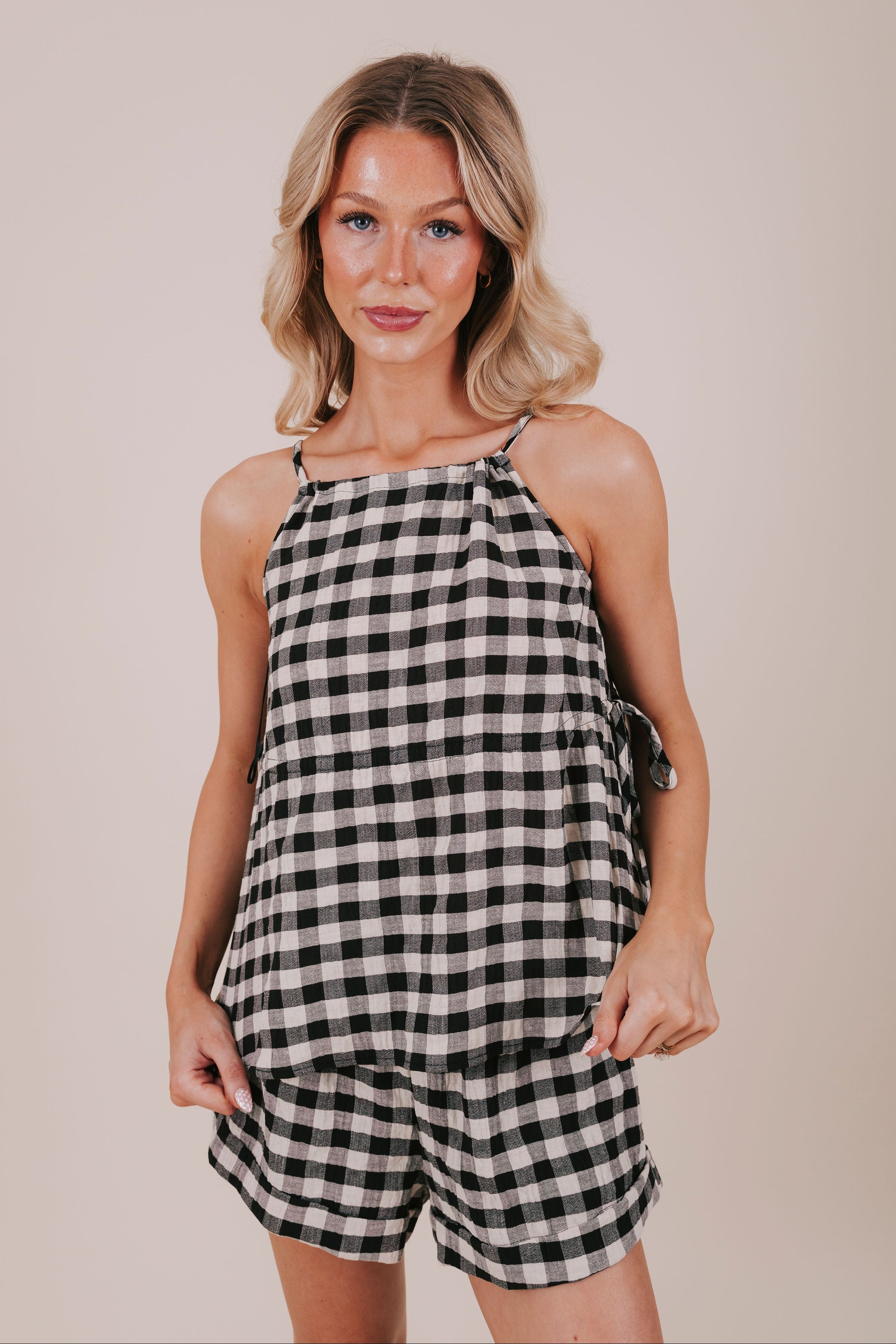 black gingham tank blouse front