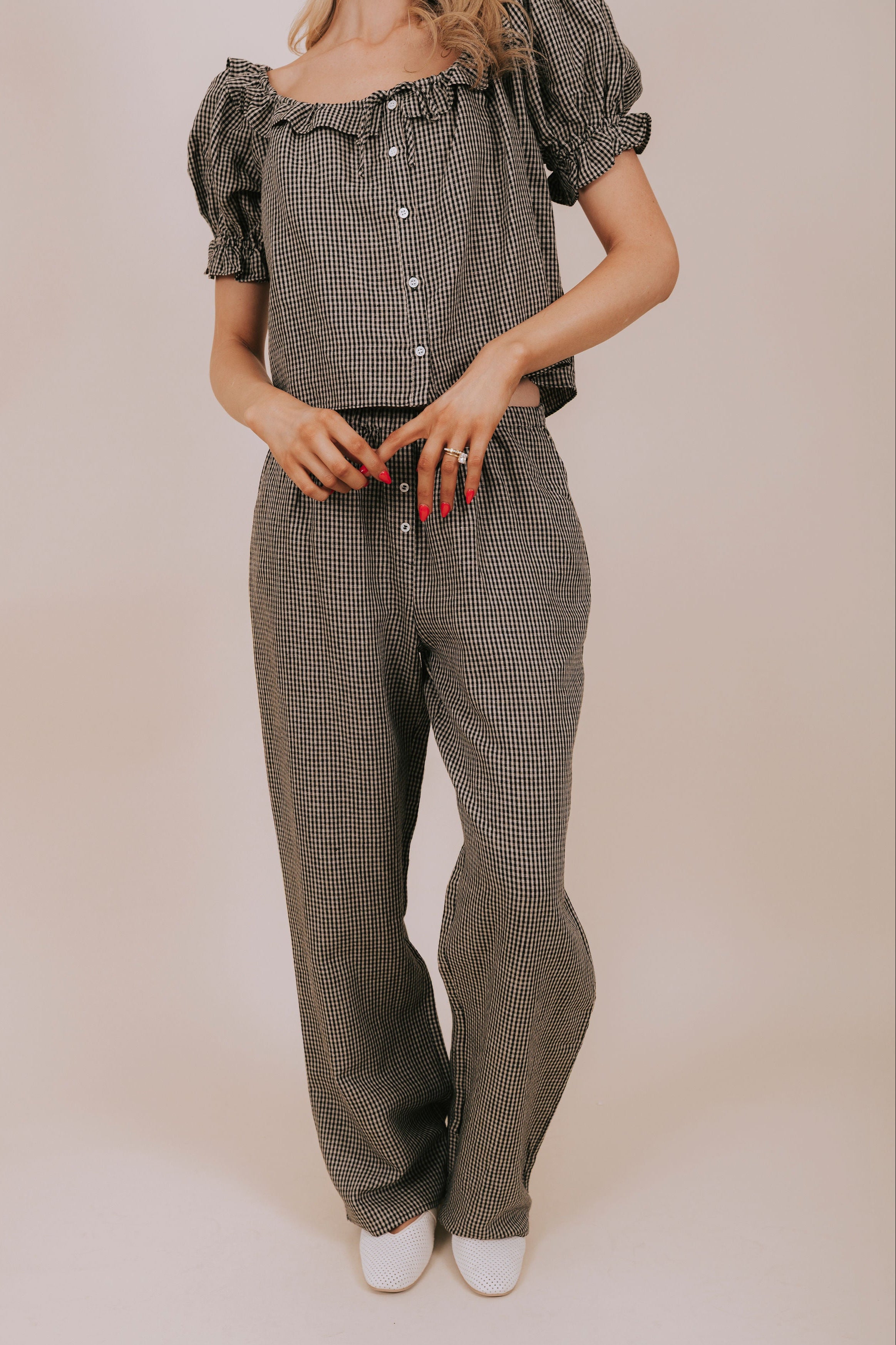 black gingham wide leg pants front