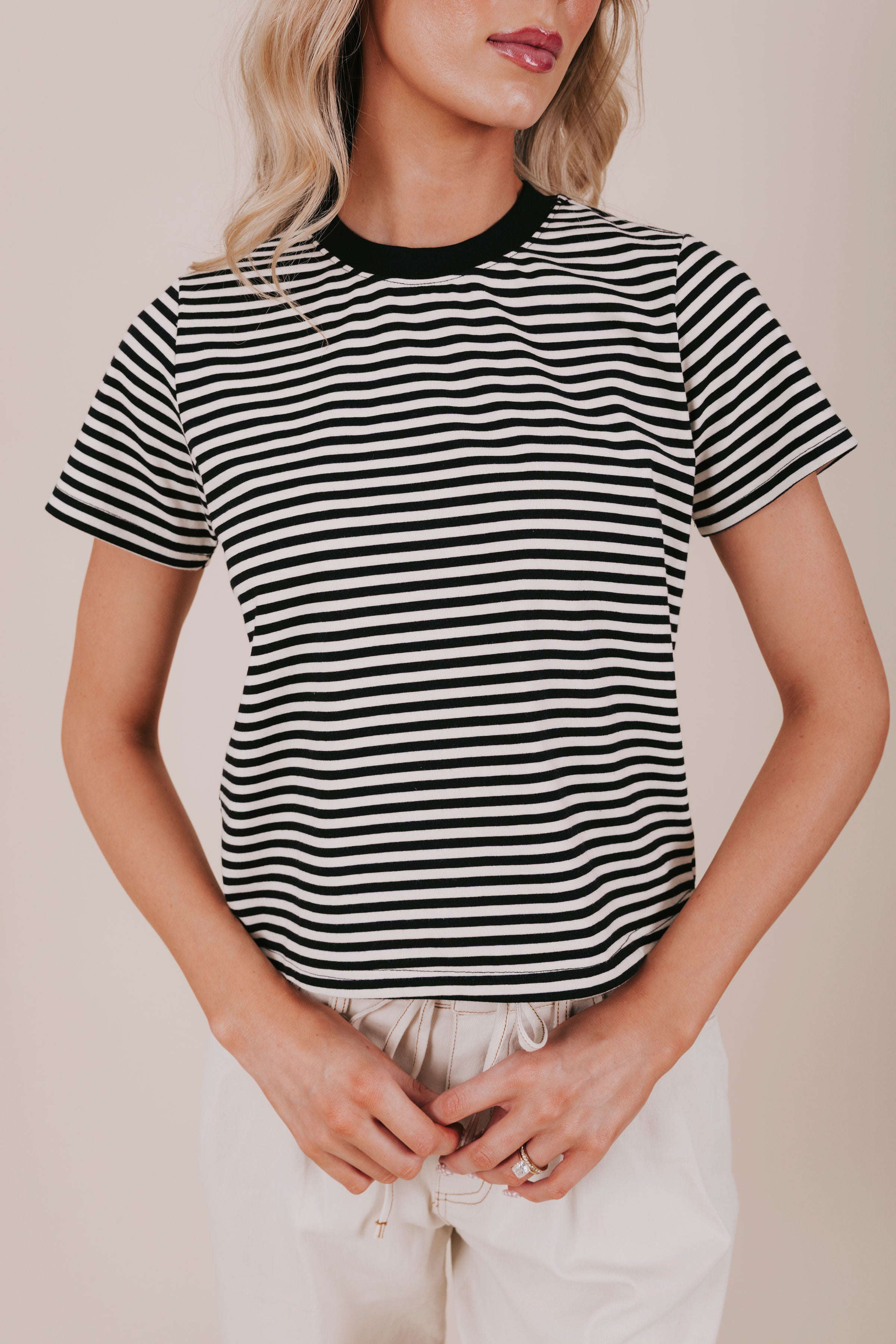 black horizontal stripe tee detail