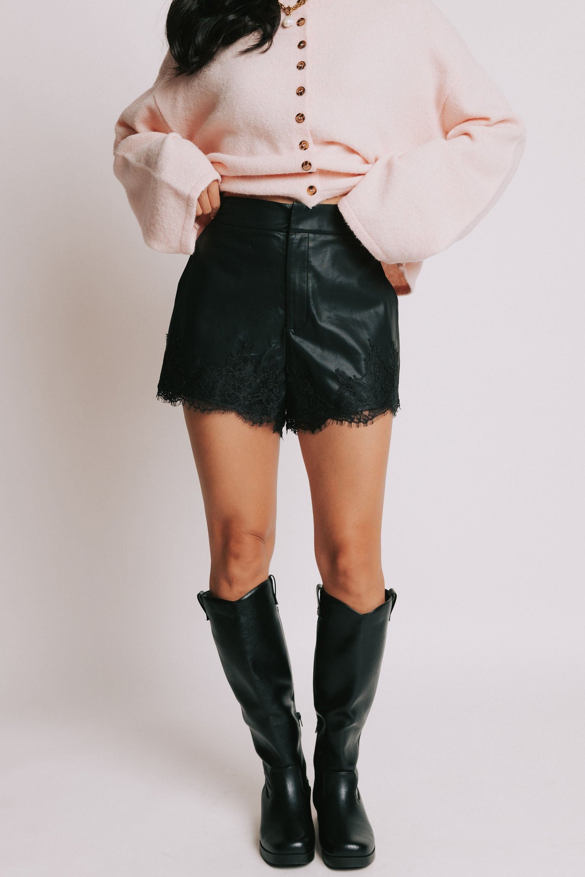 black leather shorts with lace trim 