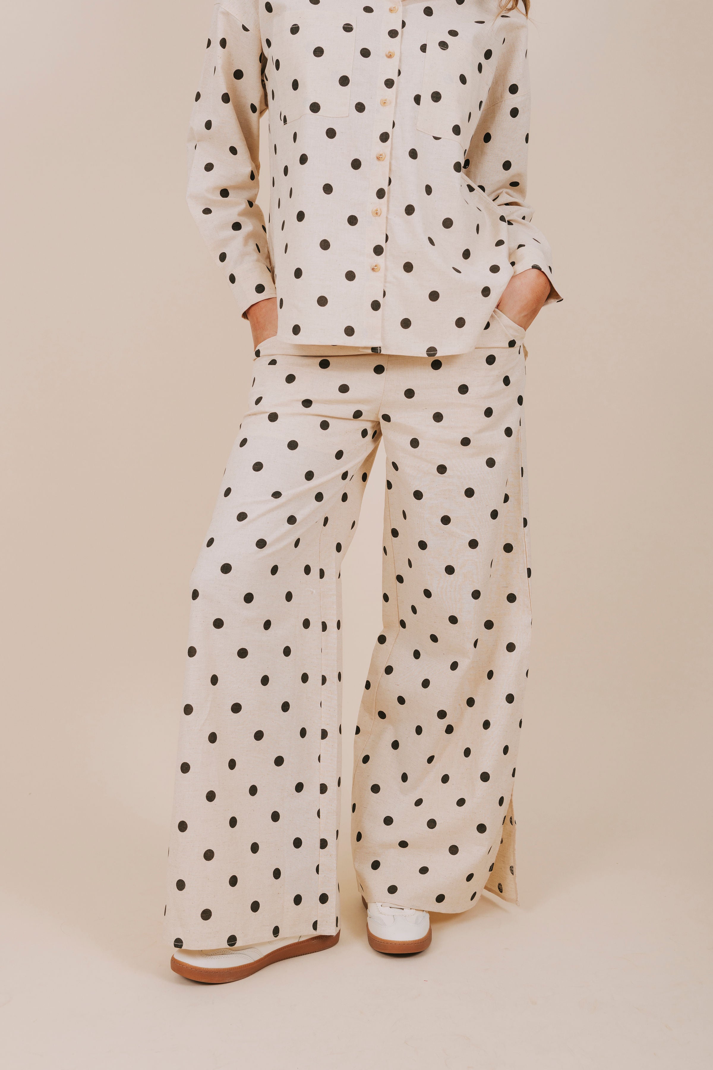 black polka dot wide leg pants front