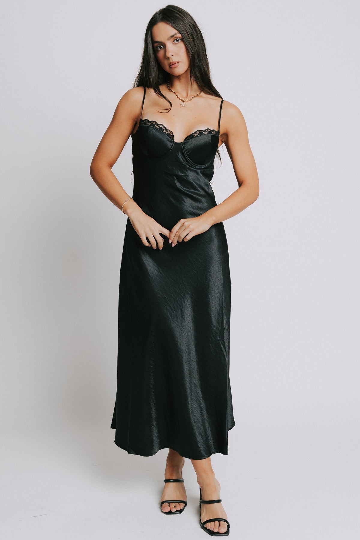 black satin maxi dress with lace trim on bodice full