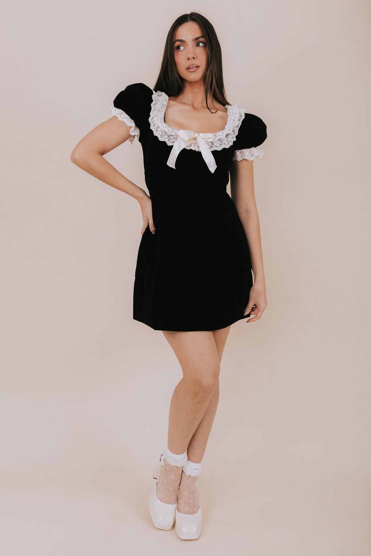 black velvet mini dress with lace neckline and sleeves 