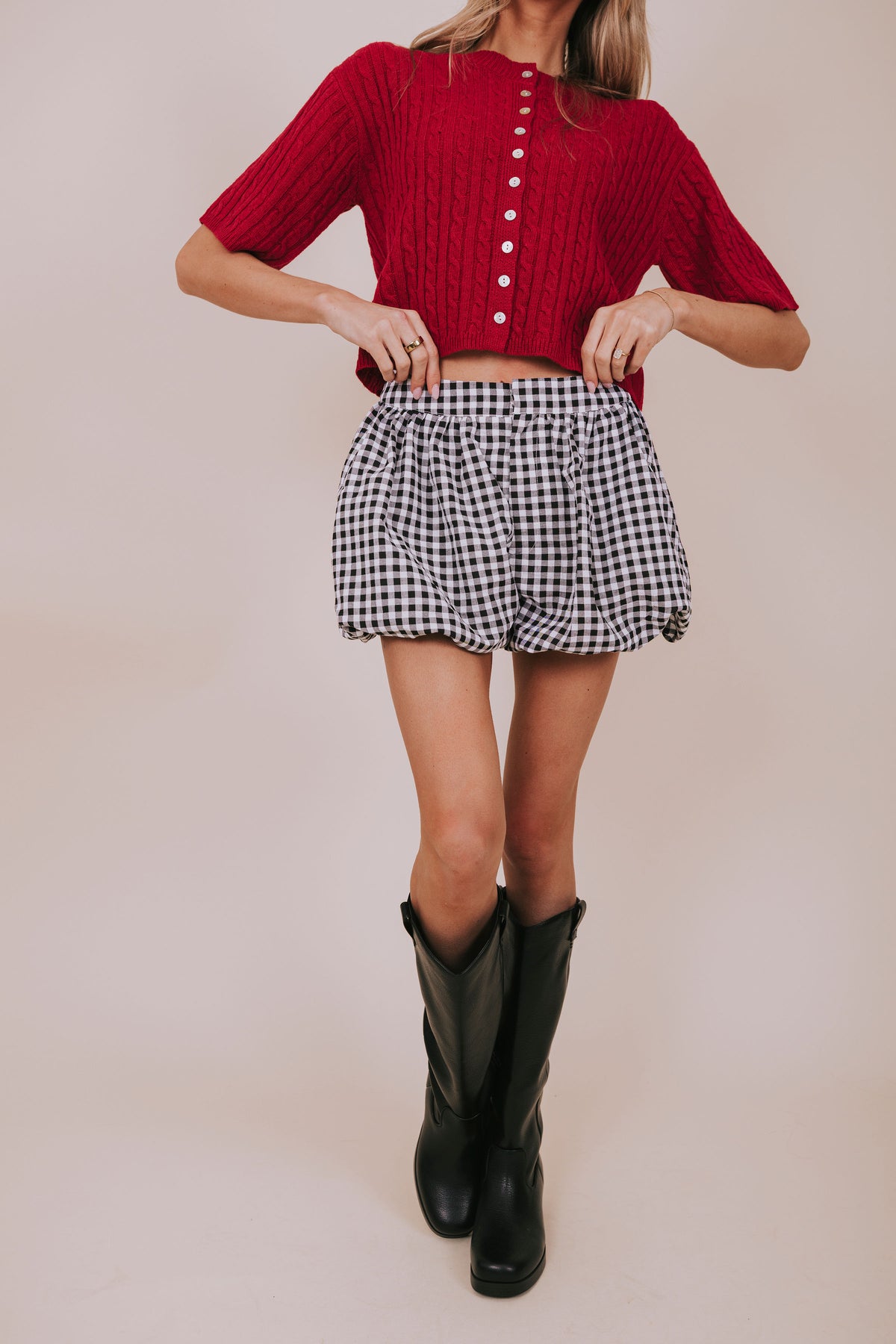 black white gingham bubble shorts front full