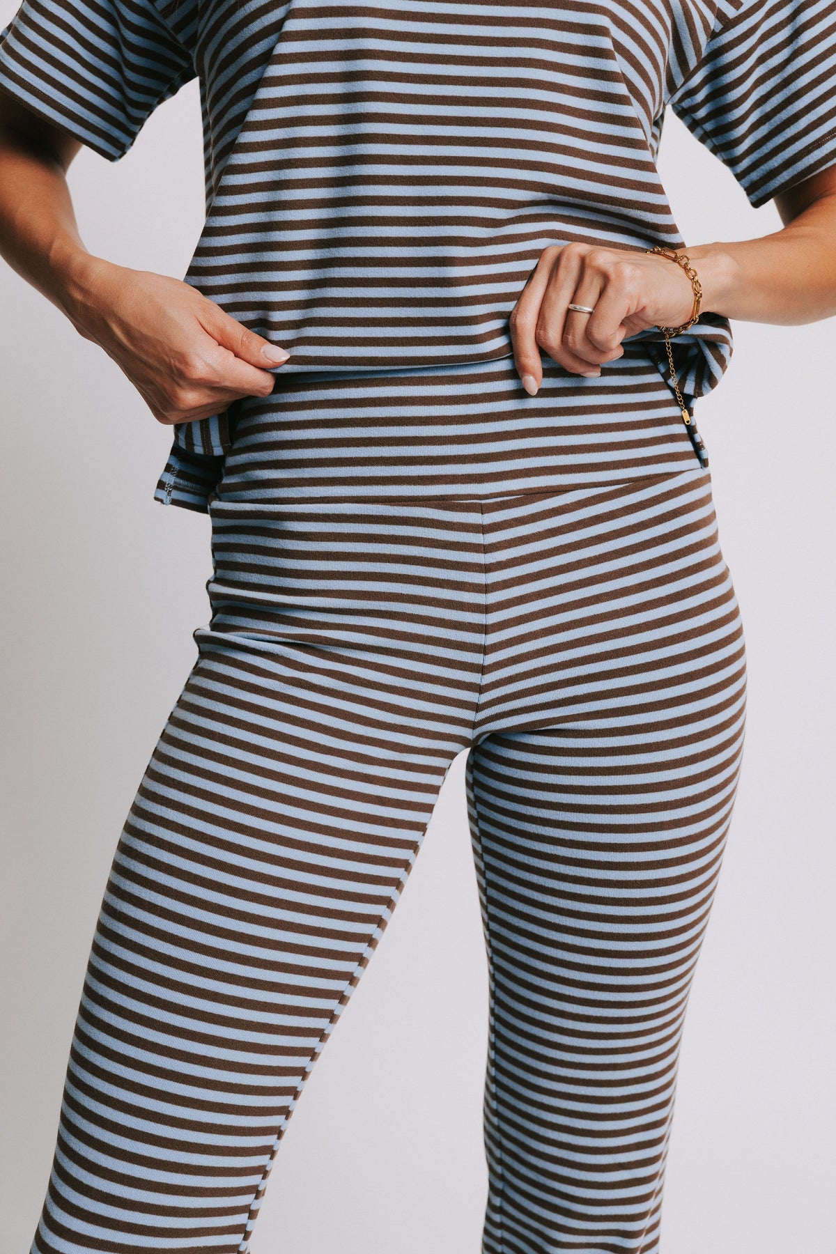 blue and brown striped lounge pants waist