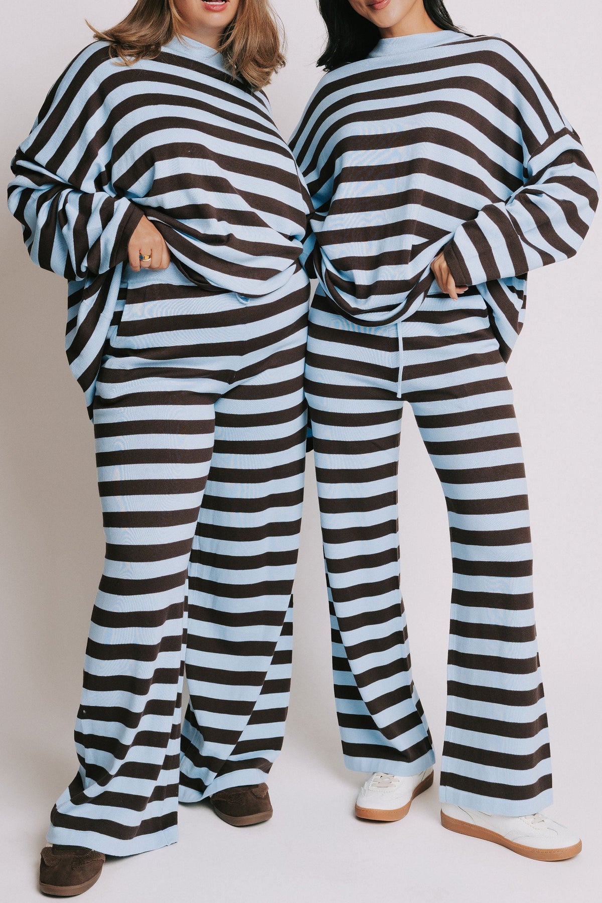 blue and brown striped wide leg knit pants models