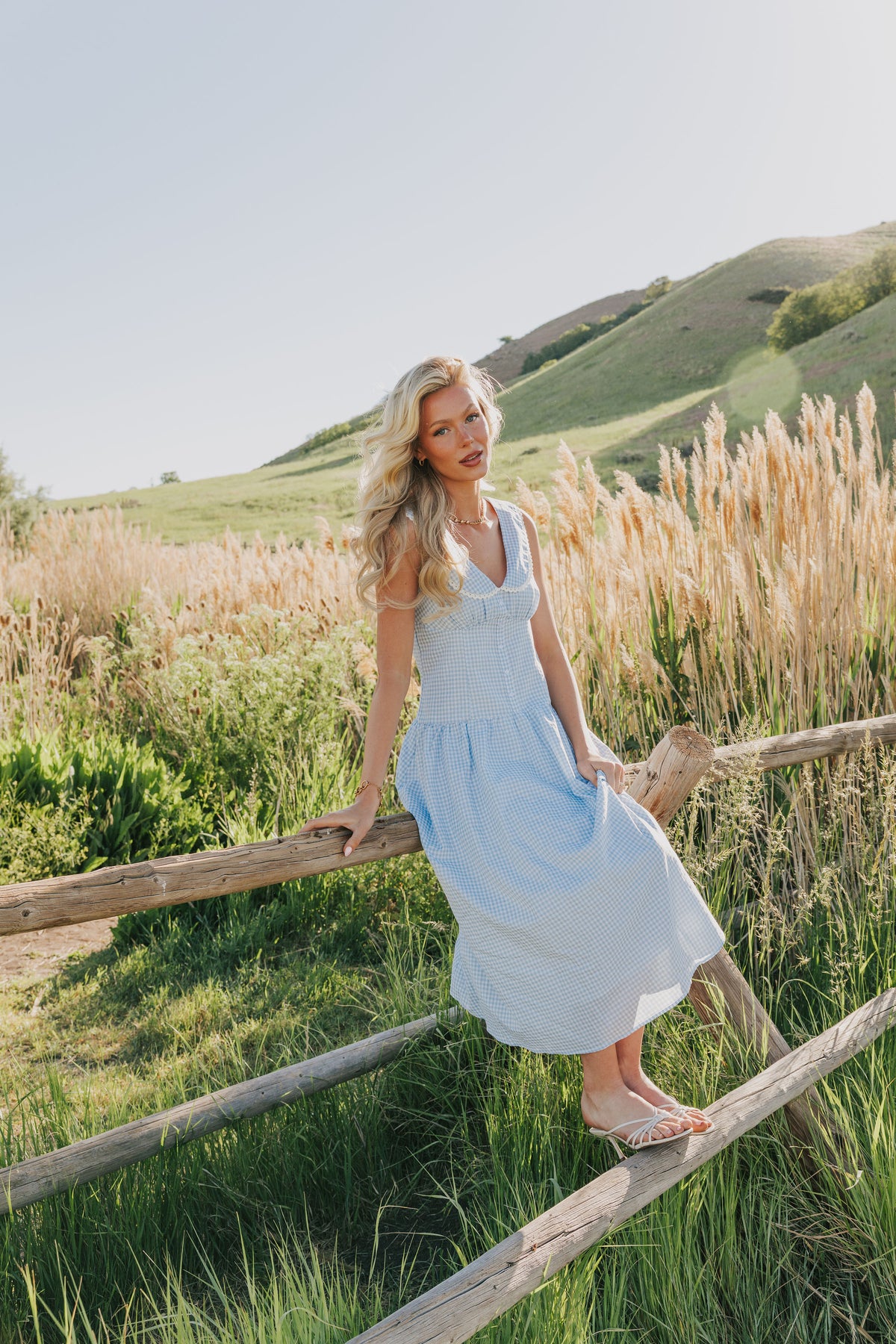 blue and white gingham dress with decorative buttons and pan collar sleeveless