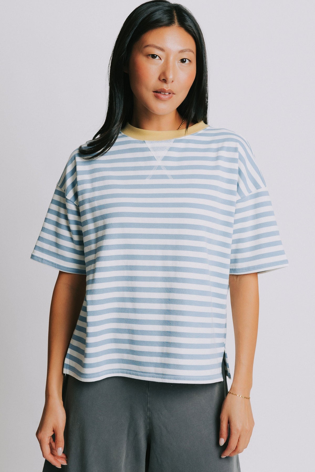 blue and white striped baggy top
