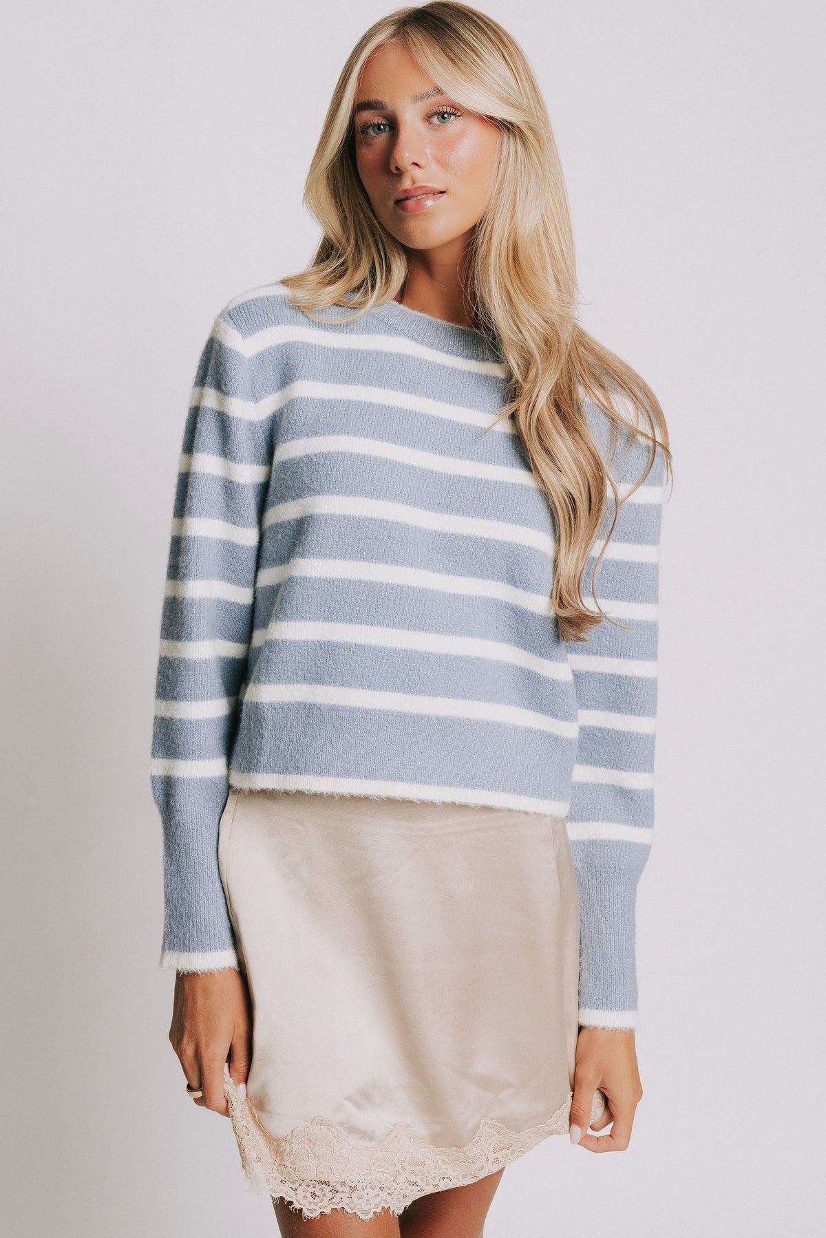 blue and white striped sweater 