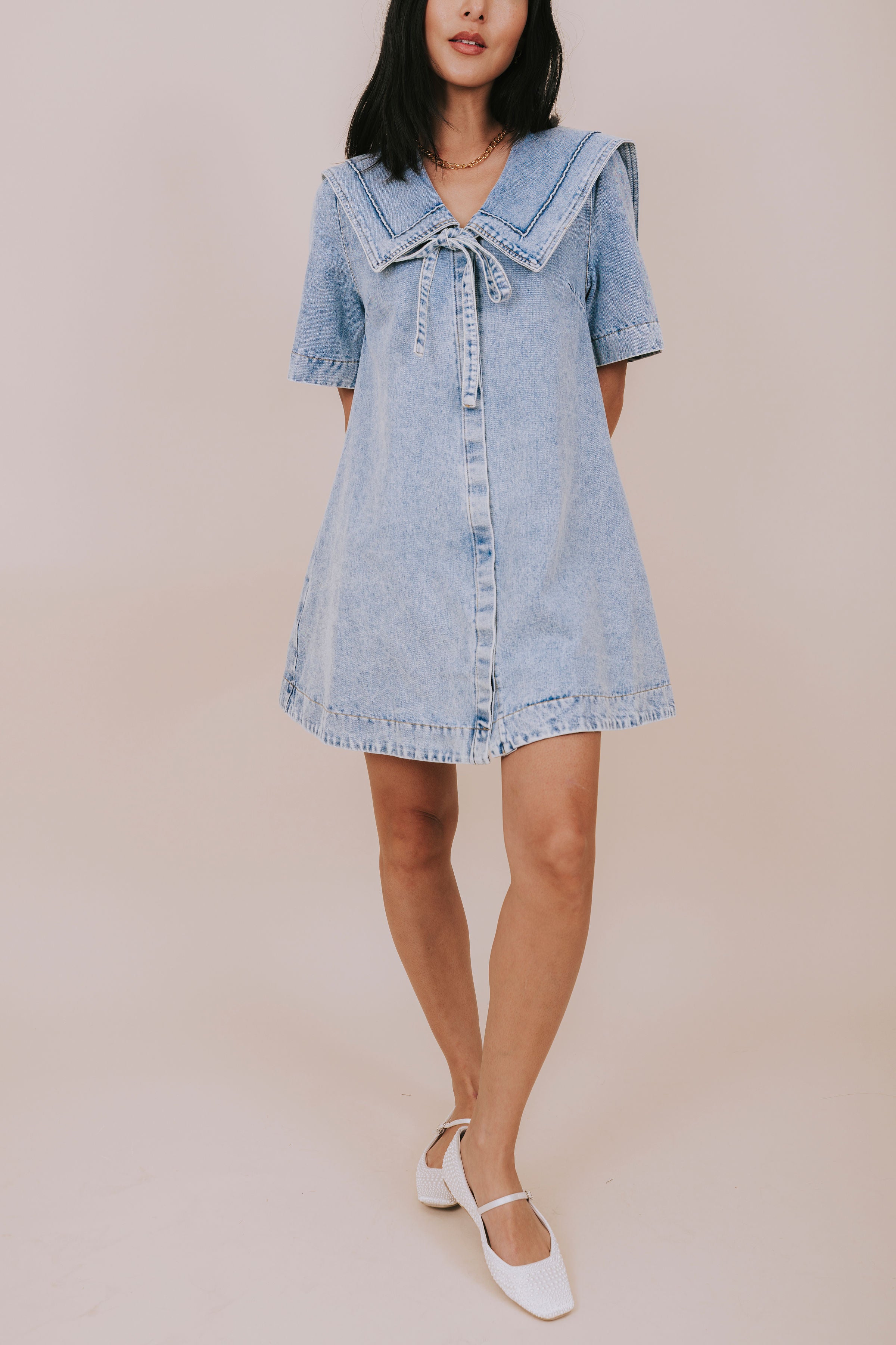 blue denim bow collared mini dress front