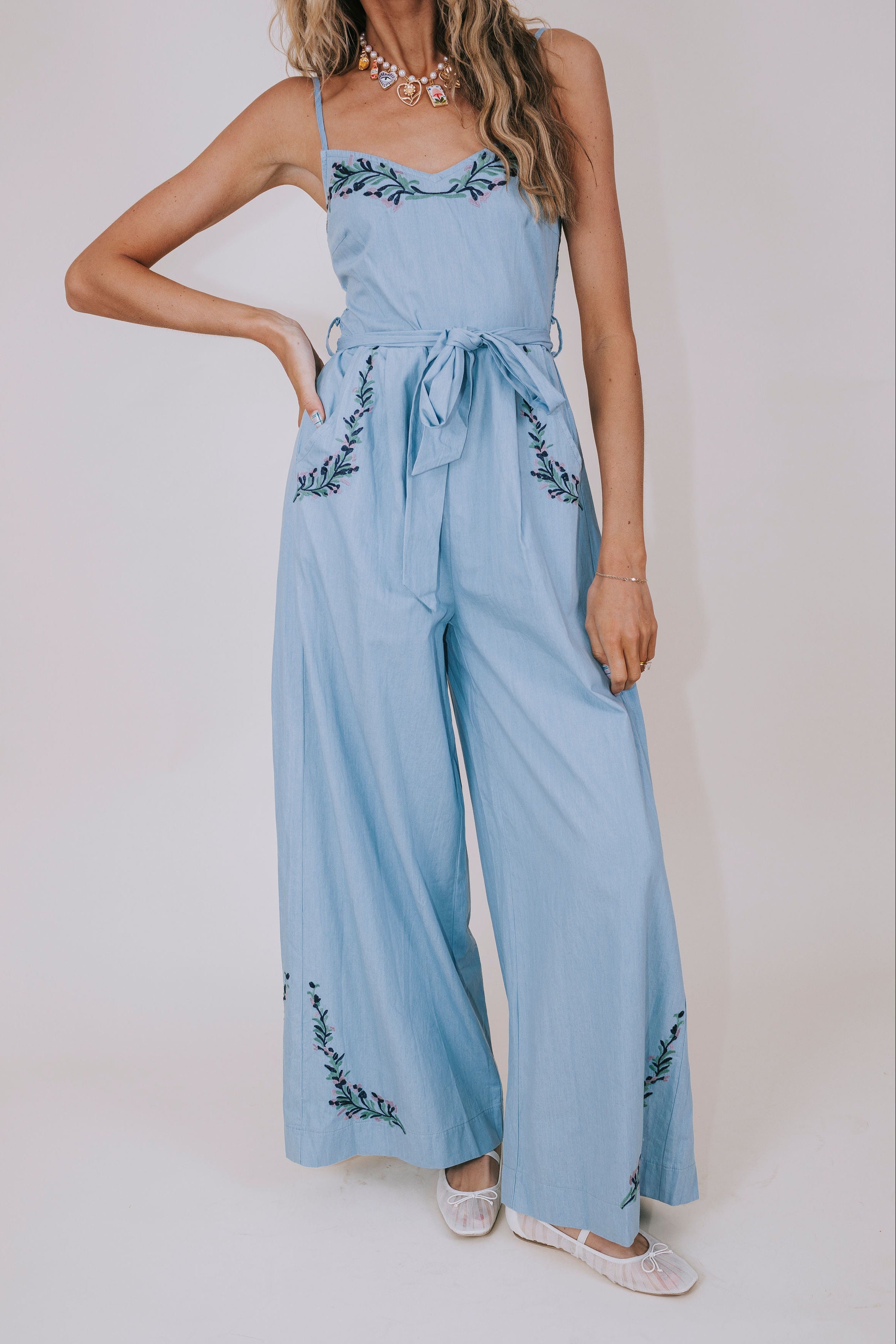 blue embroidered jumpsuit front
