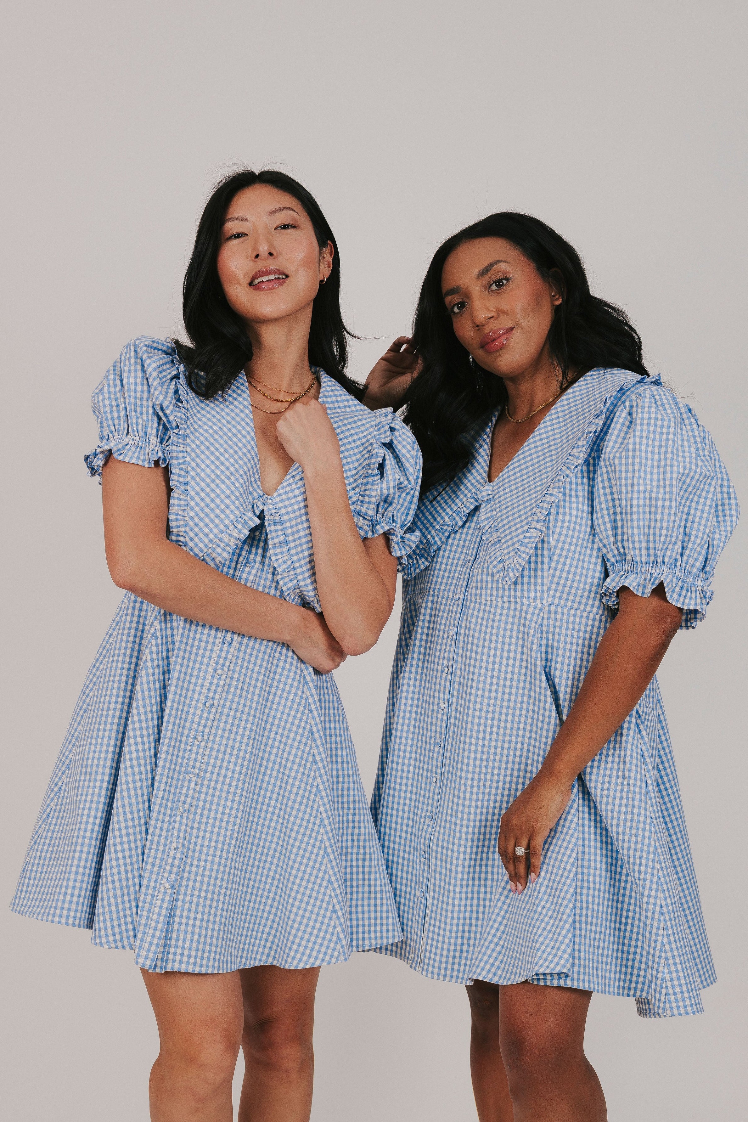 blue gingham mini ruffle elastic peter pan collar exclusive mini dress models