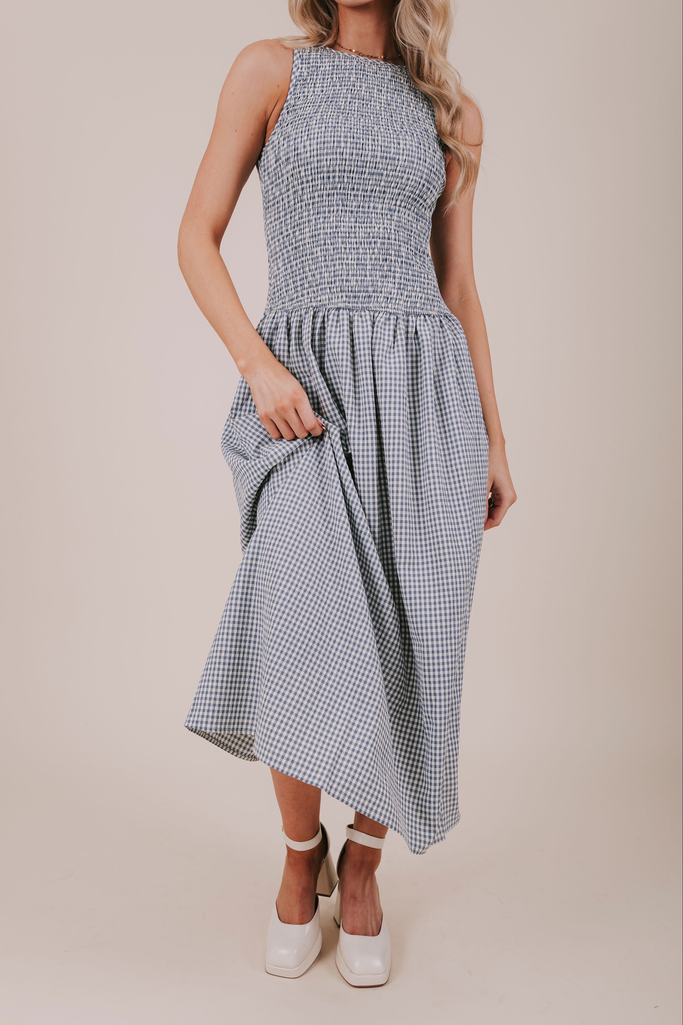 blue gingham shirred midi dress front
