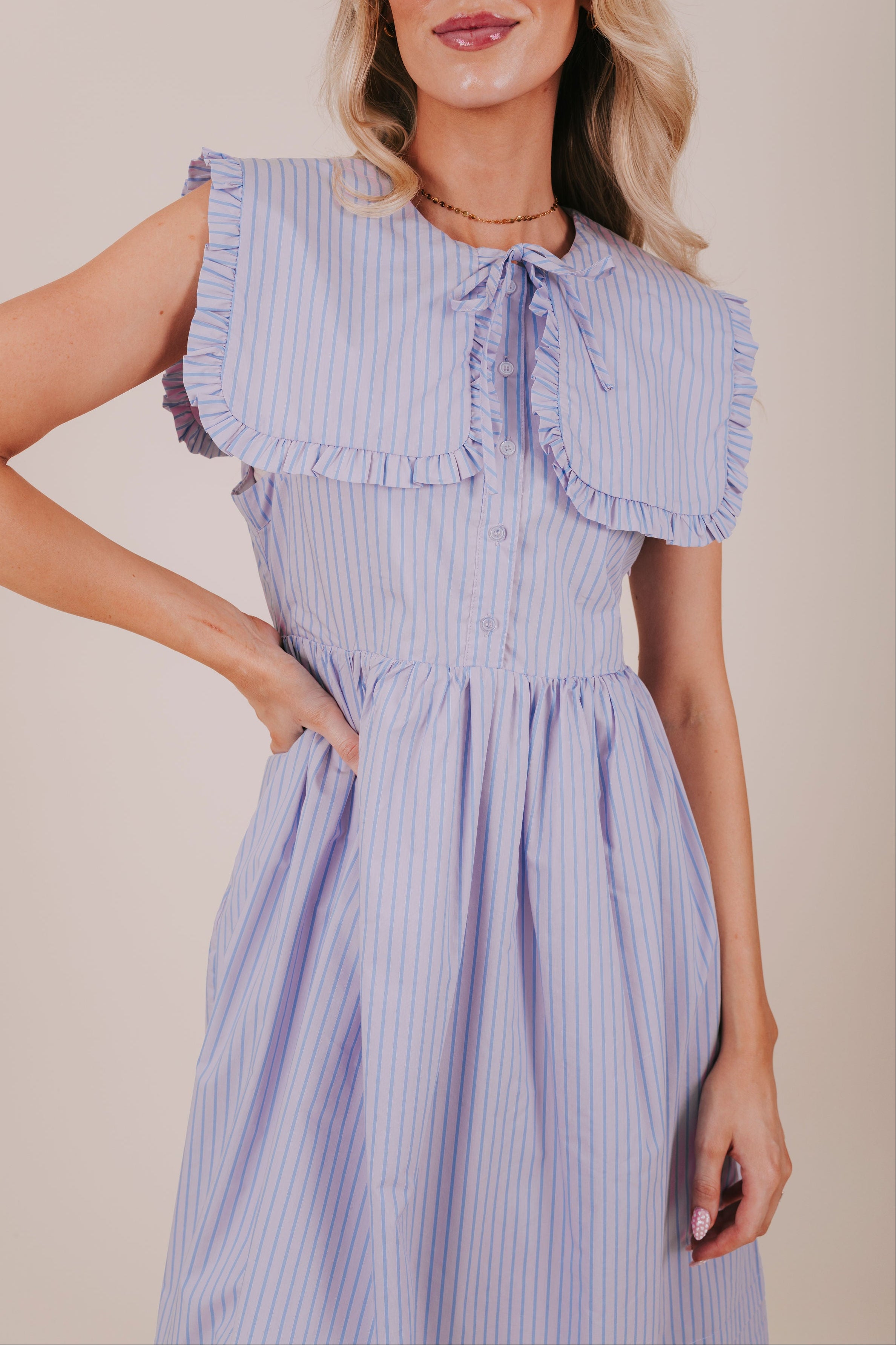 blue pinstripe collared midi dress detail