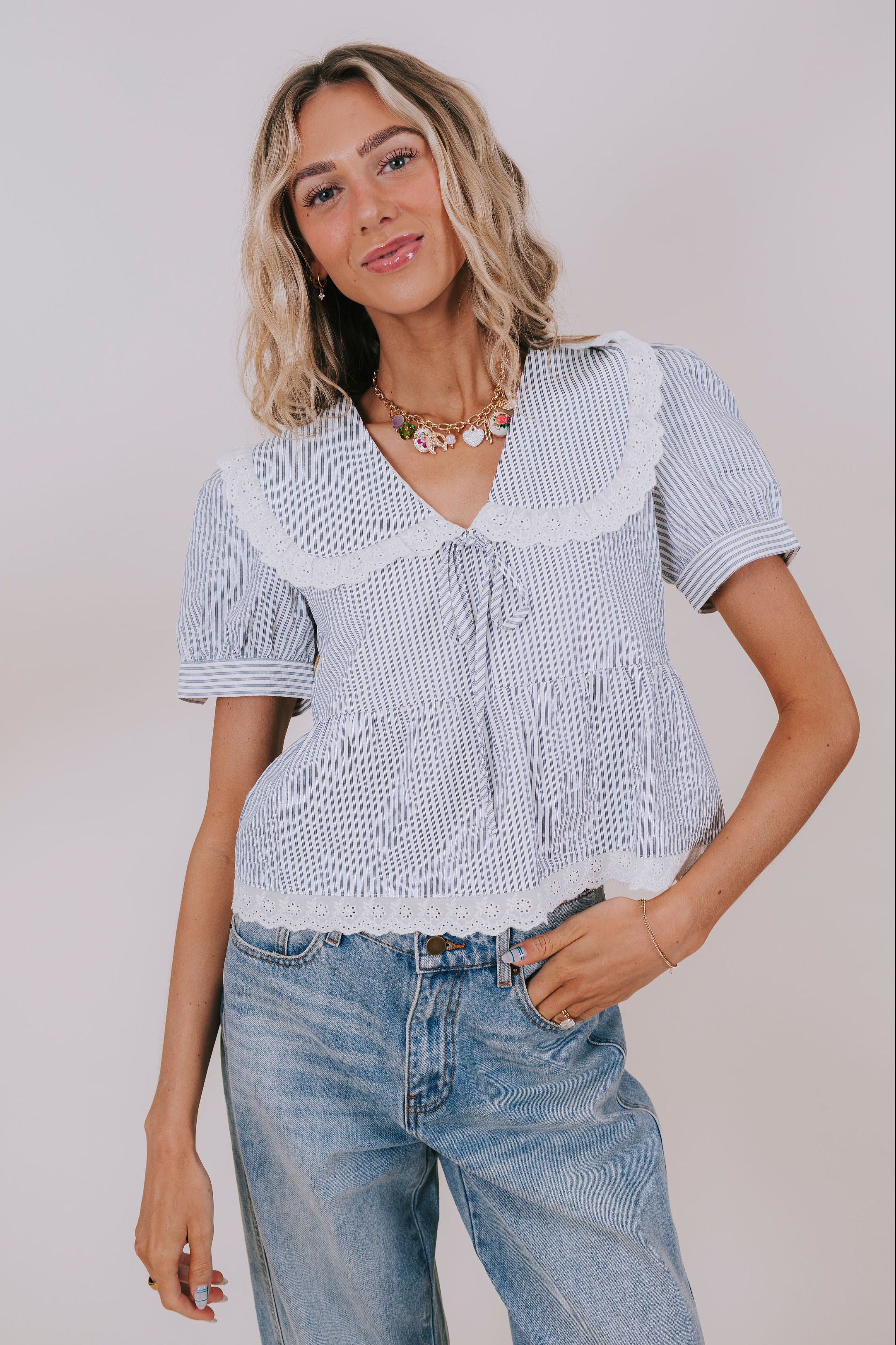 blue stripe peplum blouse front