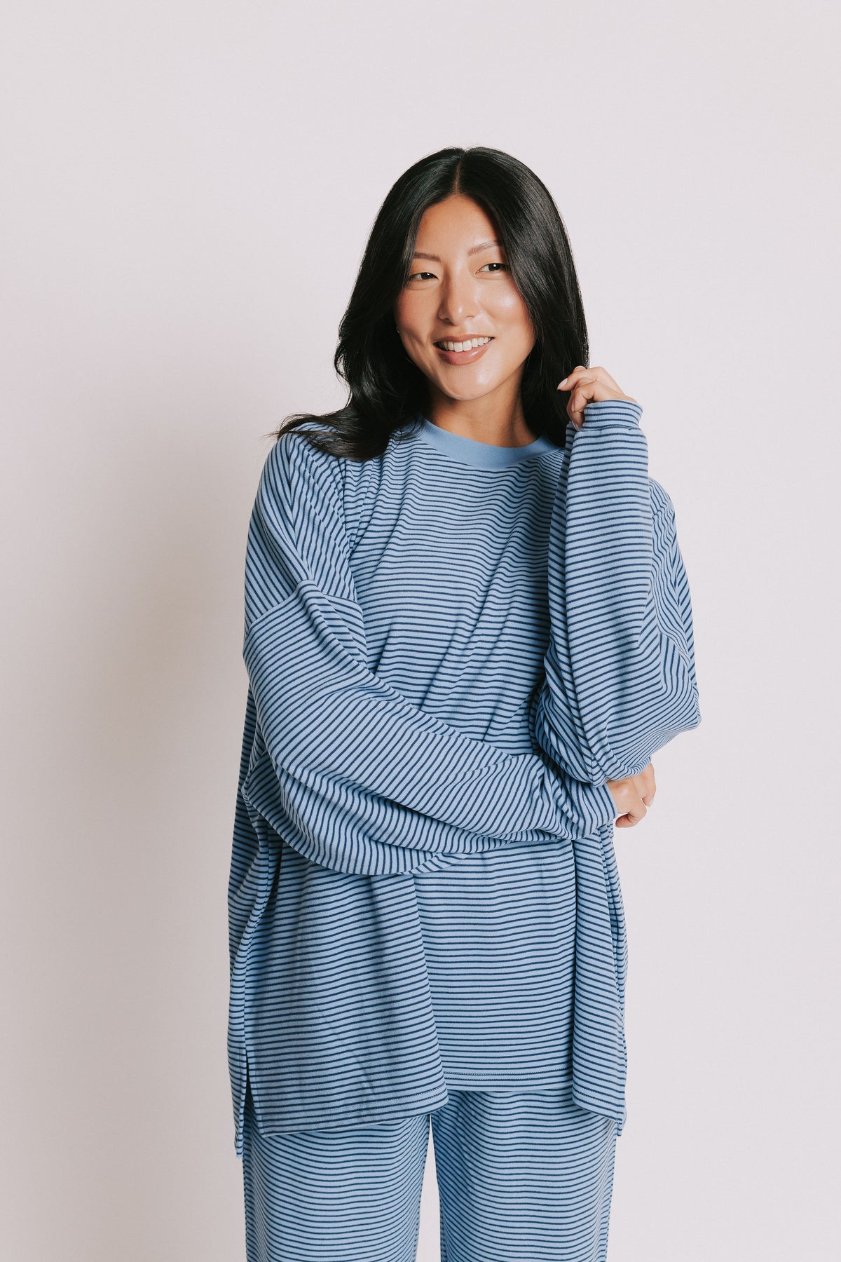 blue striped oversized long sleeve top 