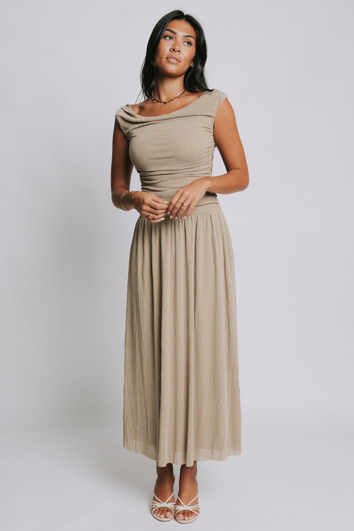 boat neck maxi dress with ruched detailing