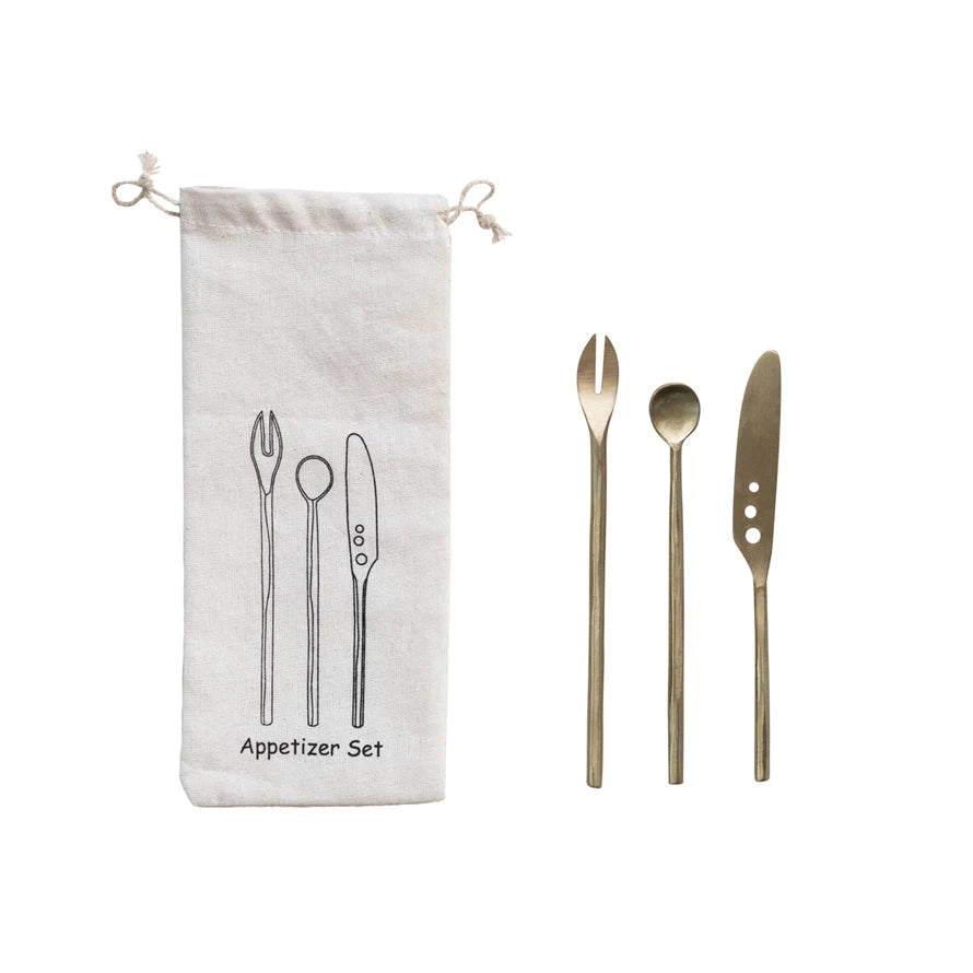 Brass Appetizer Cutlery, Matte Finish, Set of 3 in Printed Drawstring Bag 