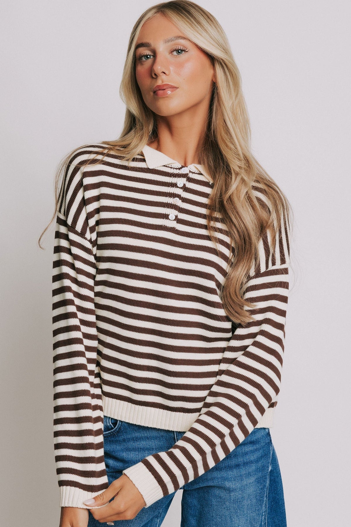 brown and cream striped sweater with collar