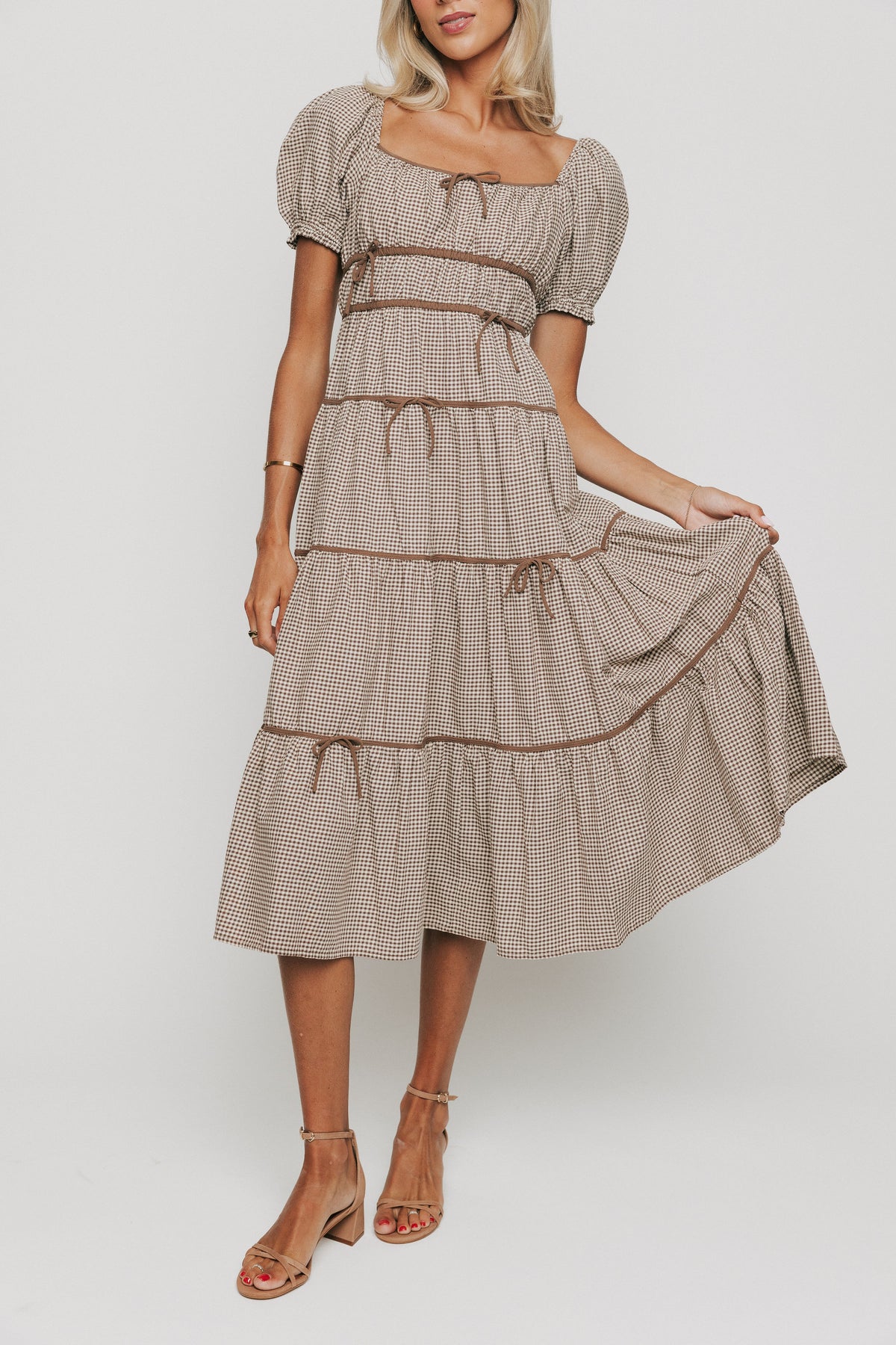 brown and white gingham tiered midi dress 