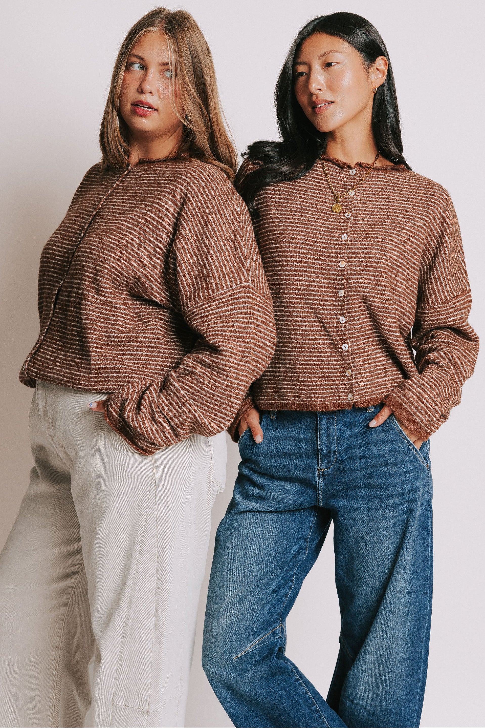 brown and white striped cardigan with rolled edges models