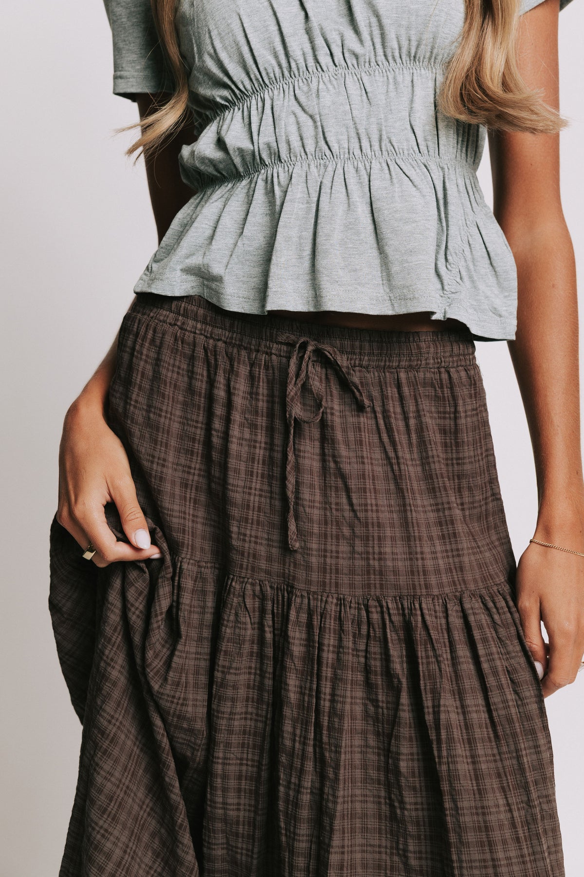 brown plaid maxi skirt close
