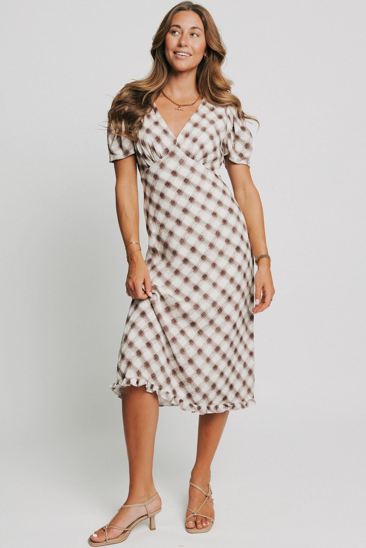 brown plaid v neck midi dress with ruffled trim