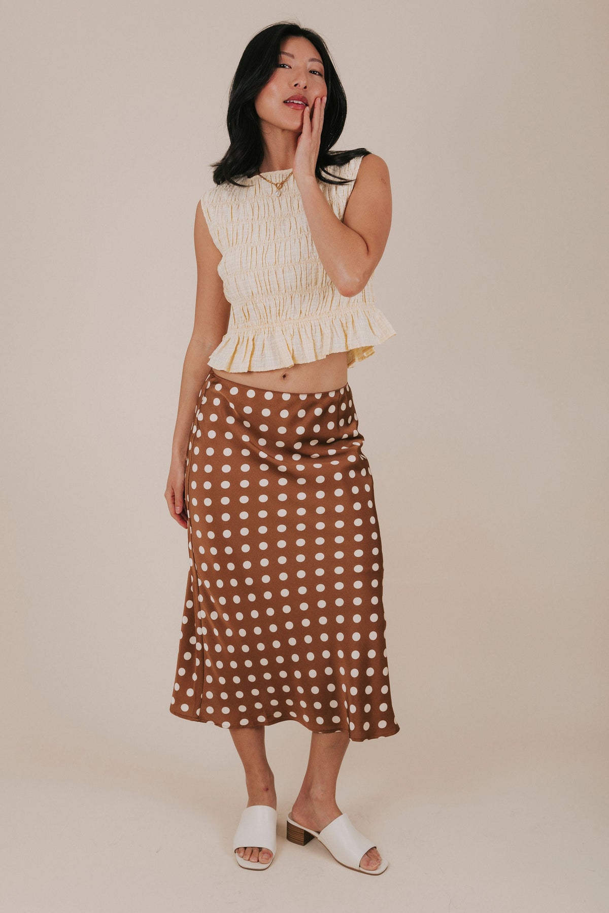 brown polka dot midi skirt full