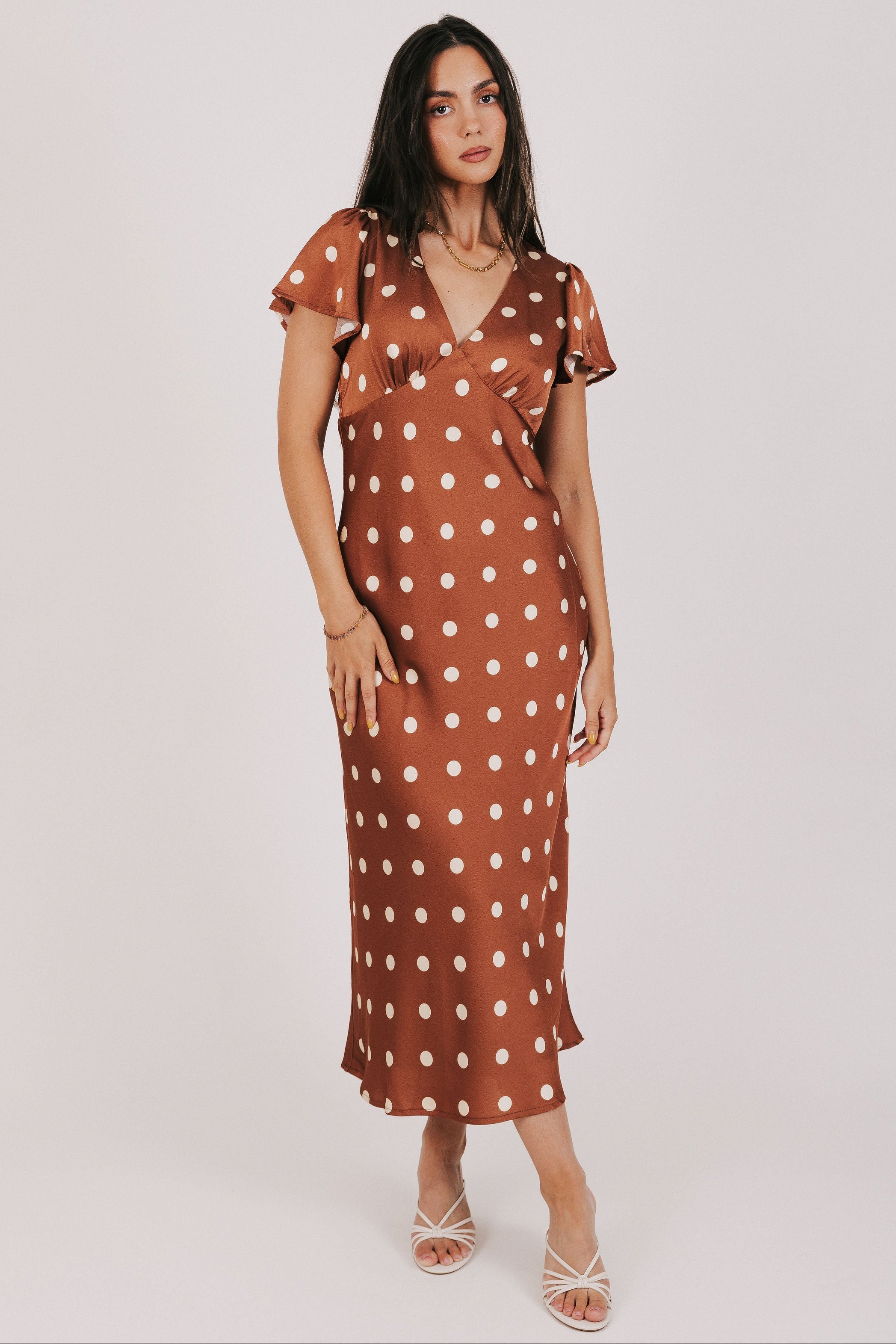 brown polka dot satin dress with flutter sleeves full