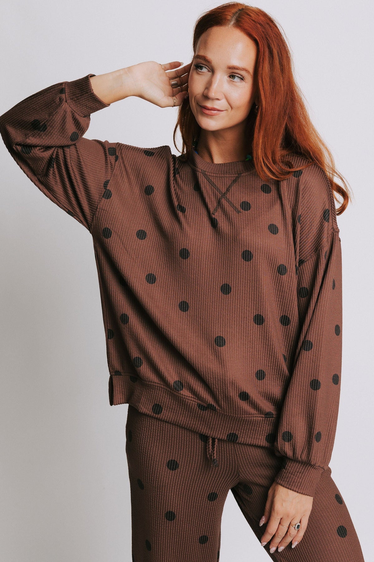 brown ribbed polka dot long sleeve top 