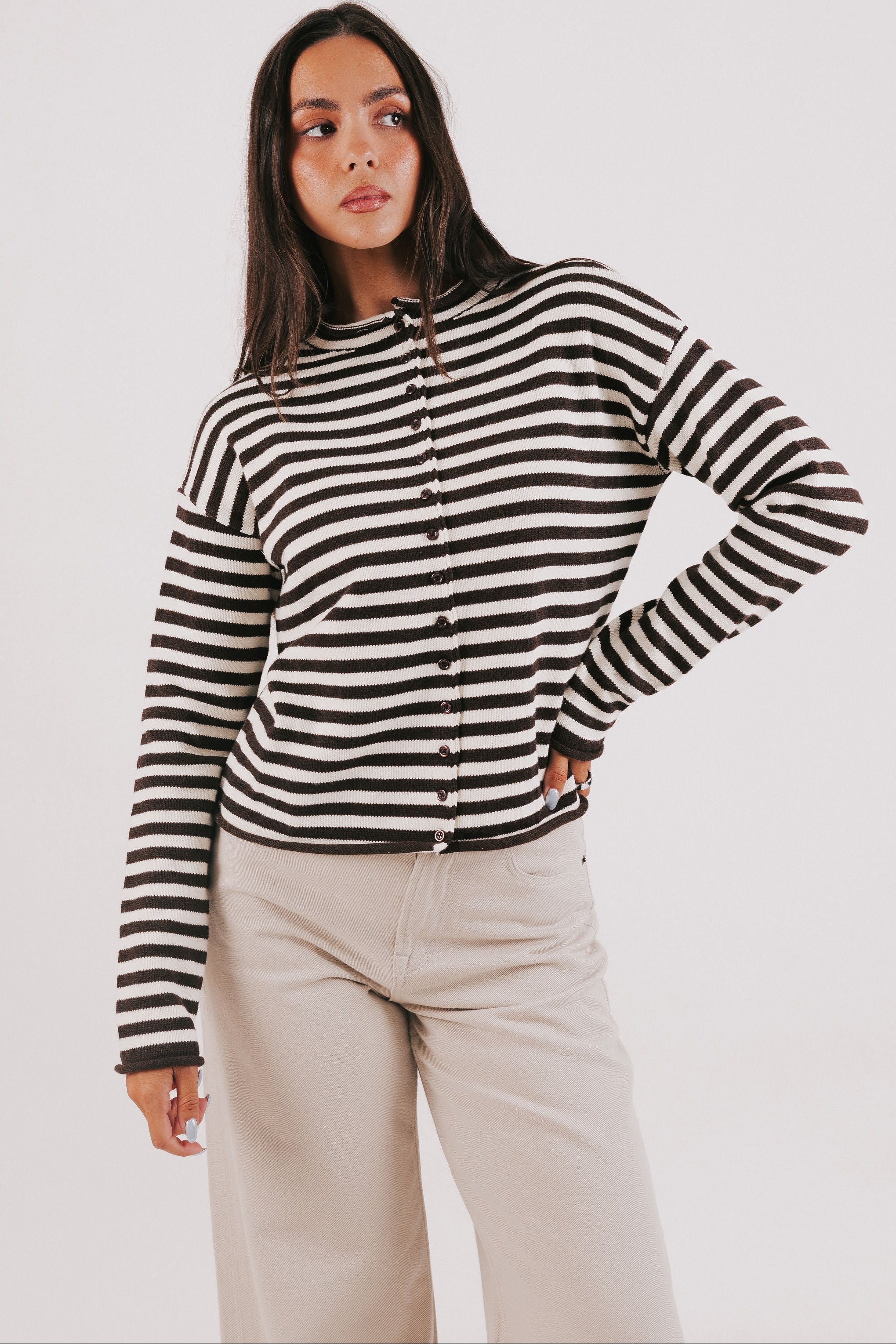brown striped knit long sleeve top