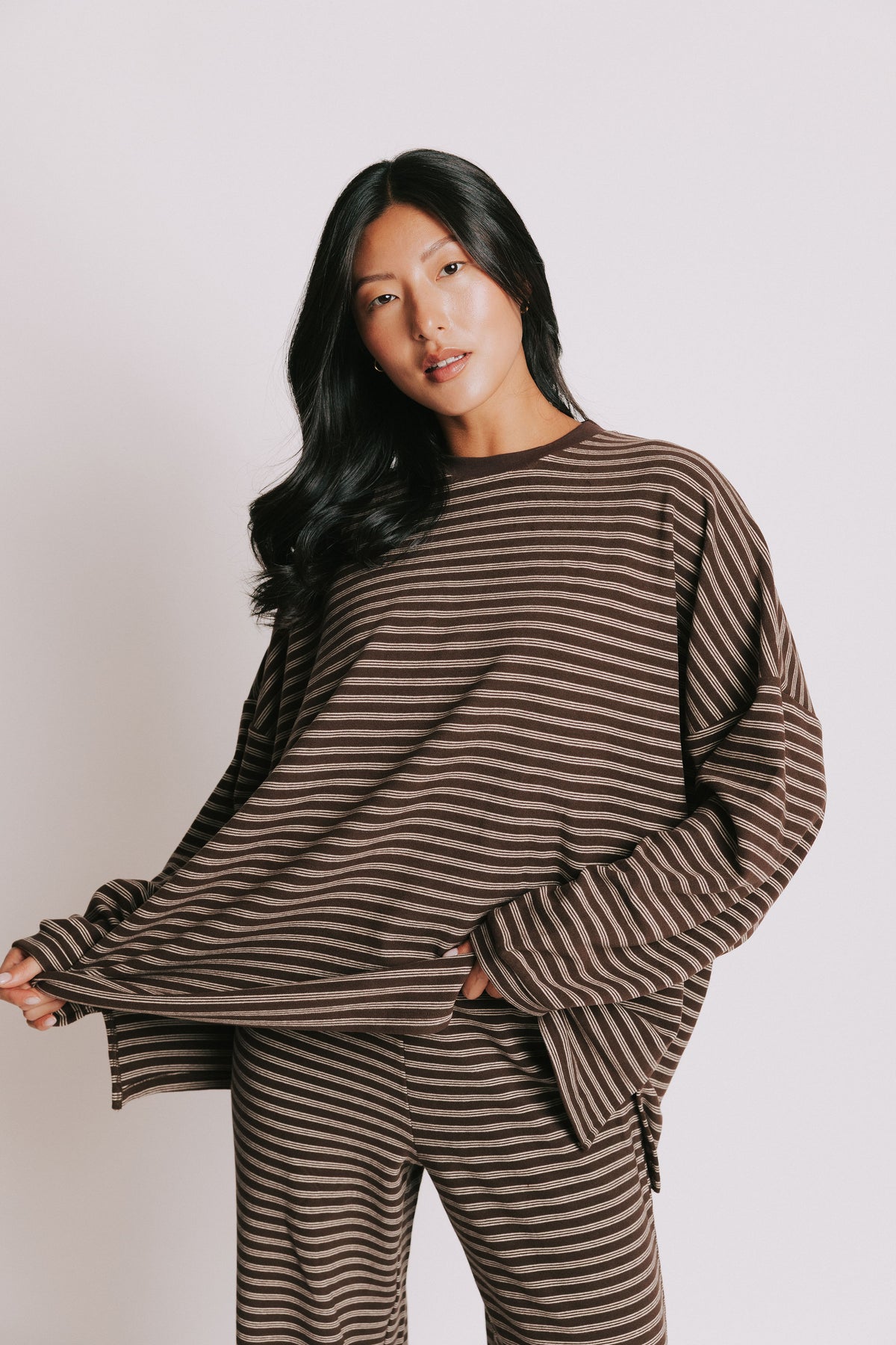 brown striped long sleeve lounge top 