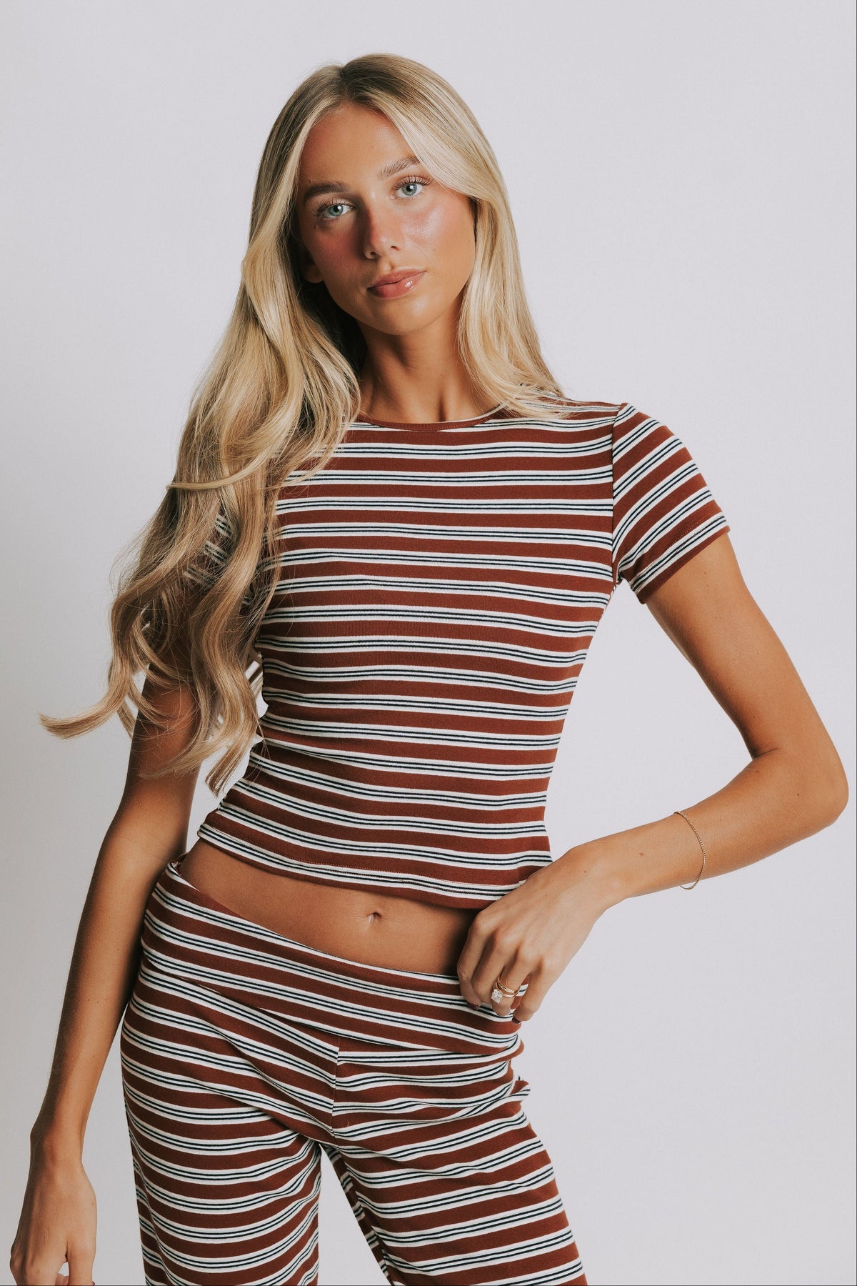brown striped short sleeve set 