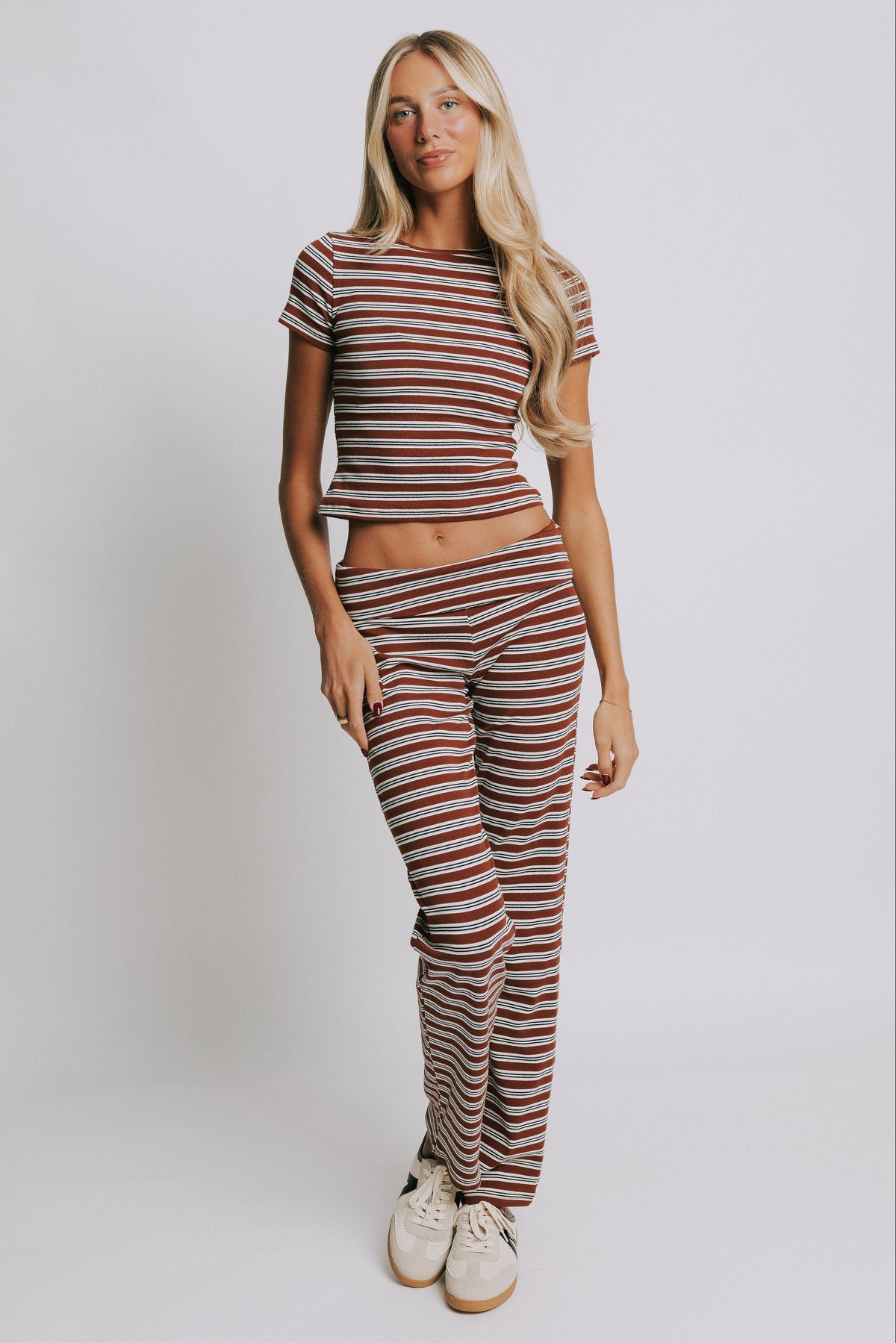 brown striped short sleeve set 