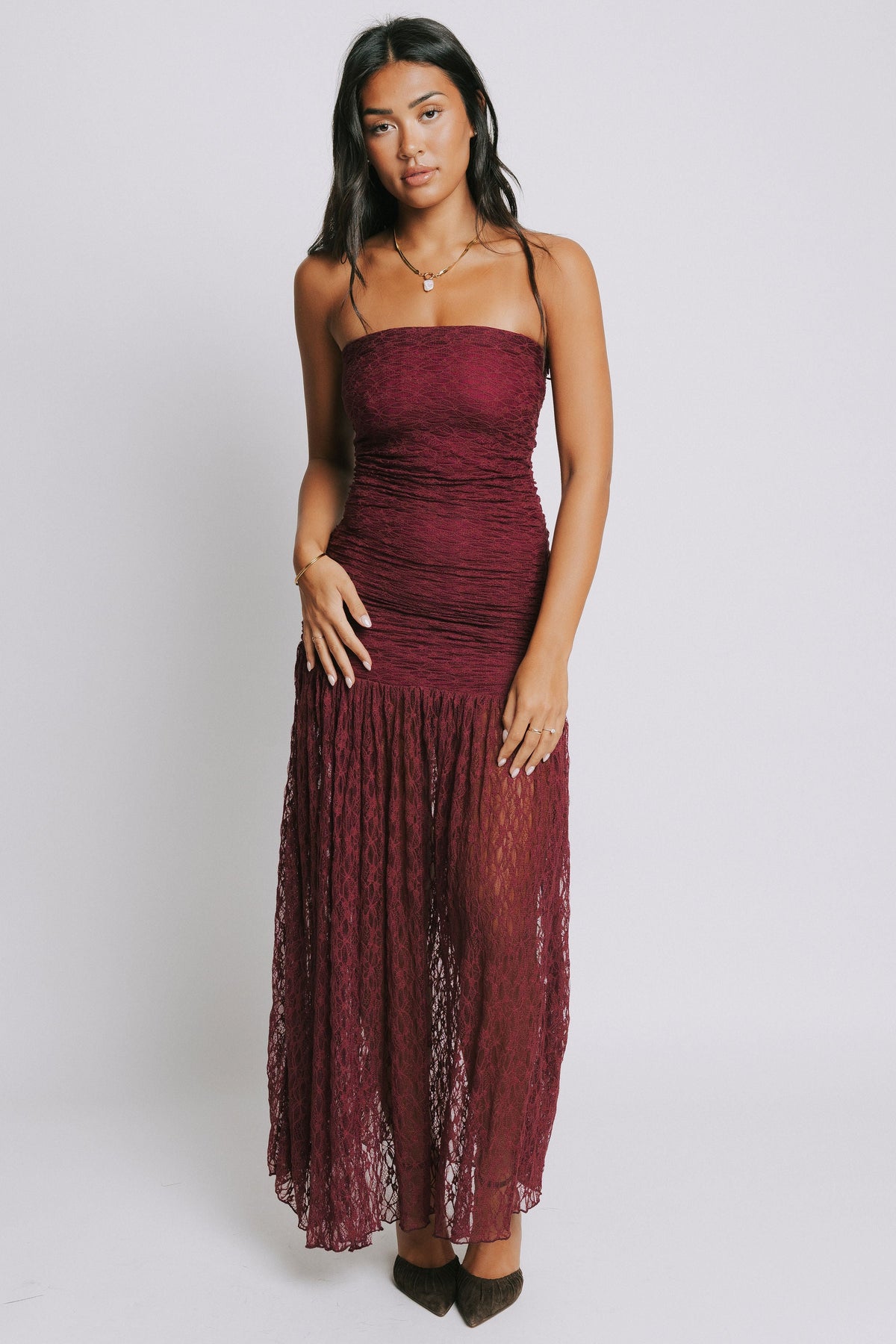 burgundy strapless lace dress full