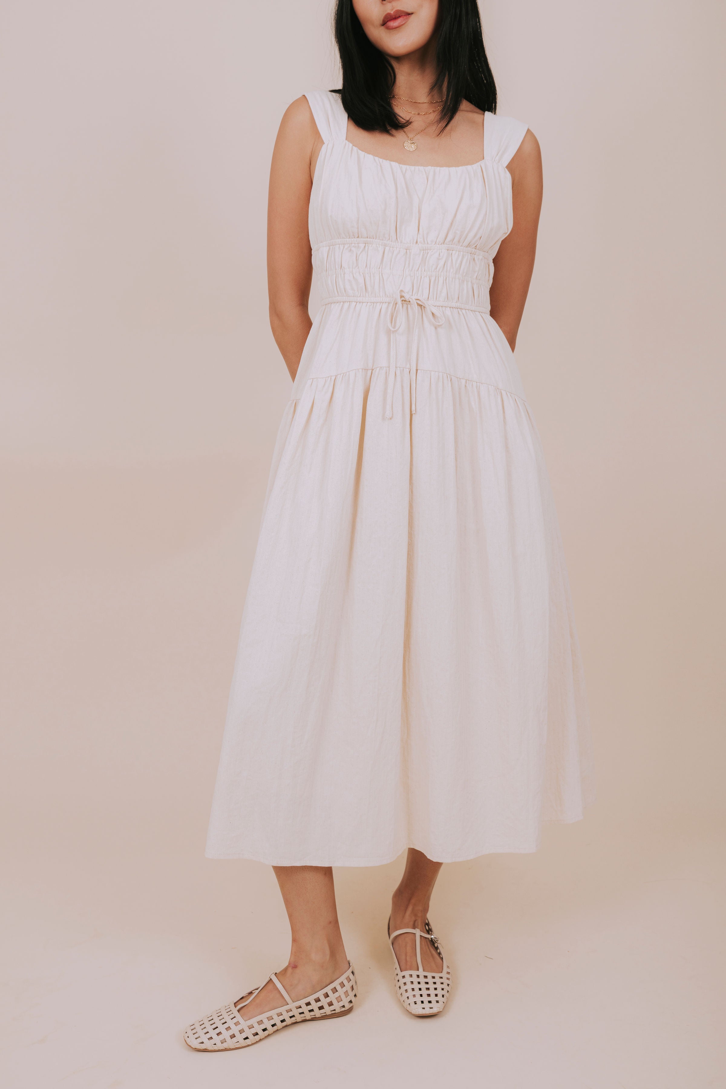 buttermilk smocked tiered midi dress front
