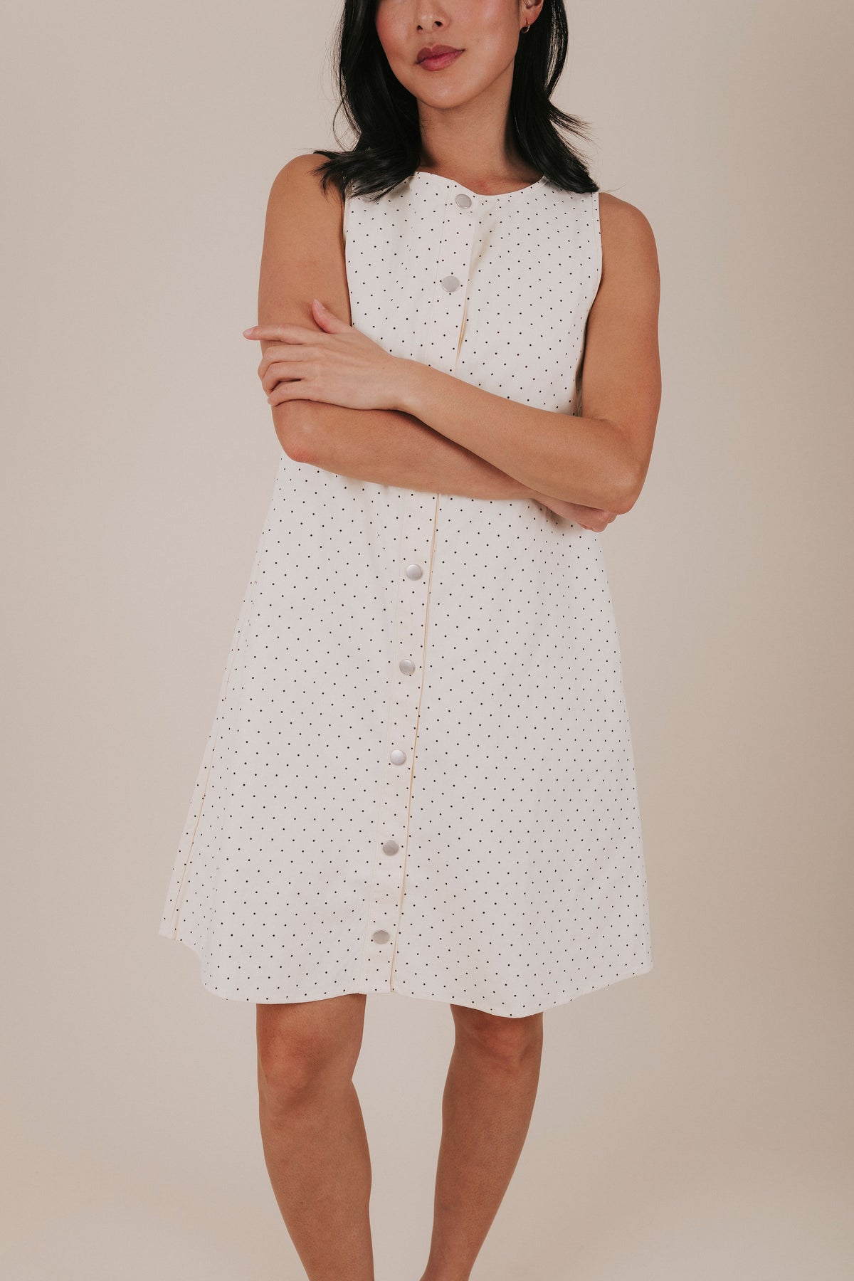 button down polka dot knee length dress detail