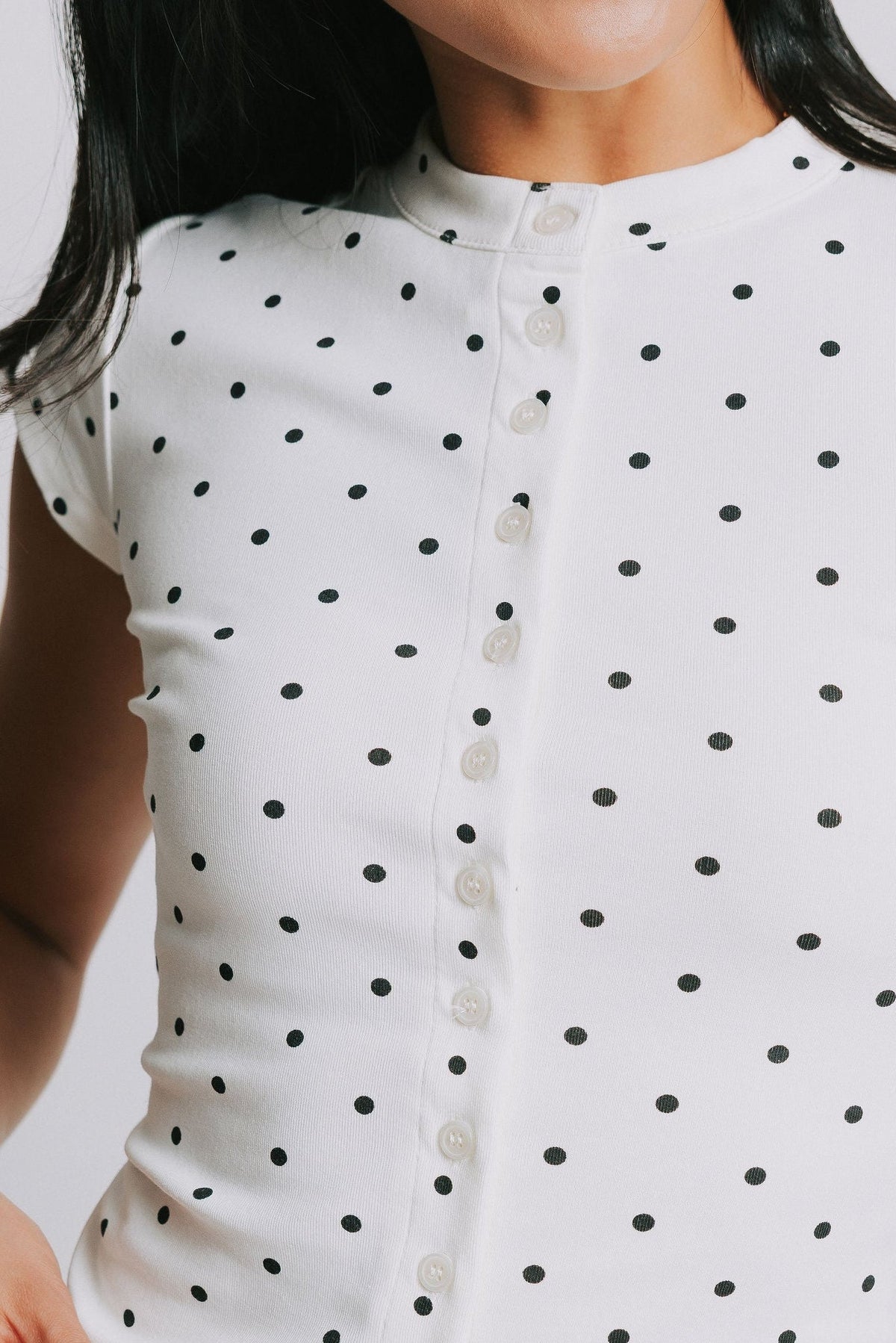 button down polka dot short sleeve top front