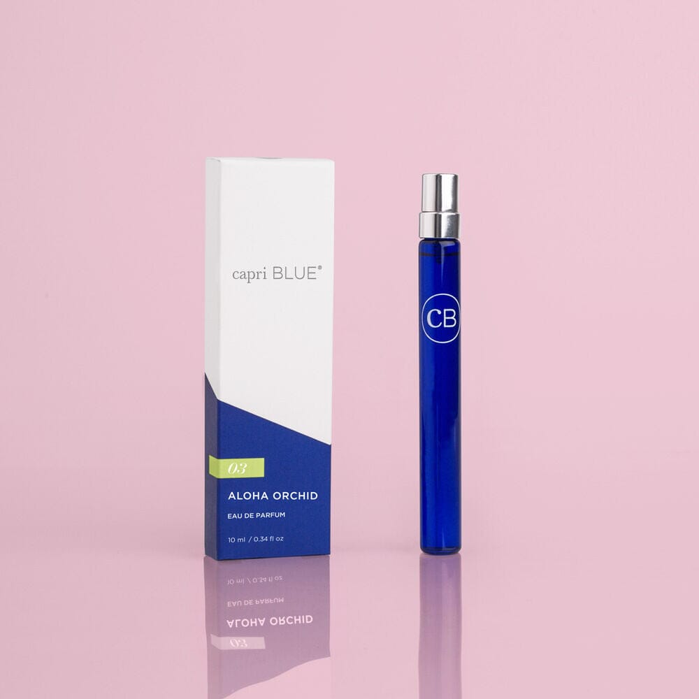 A blue spray pen perfume bottle next to its packaging box, labeled 'CAPRI BLUE' and 'ALOHA ORCHID'.